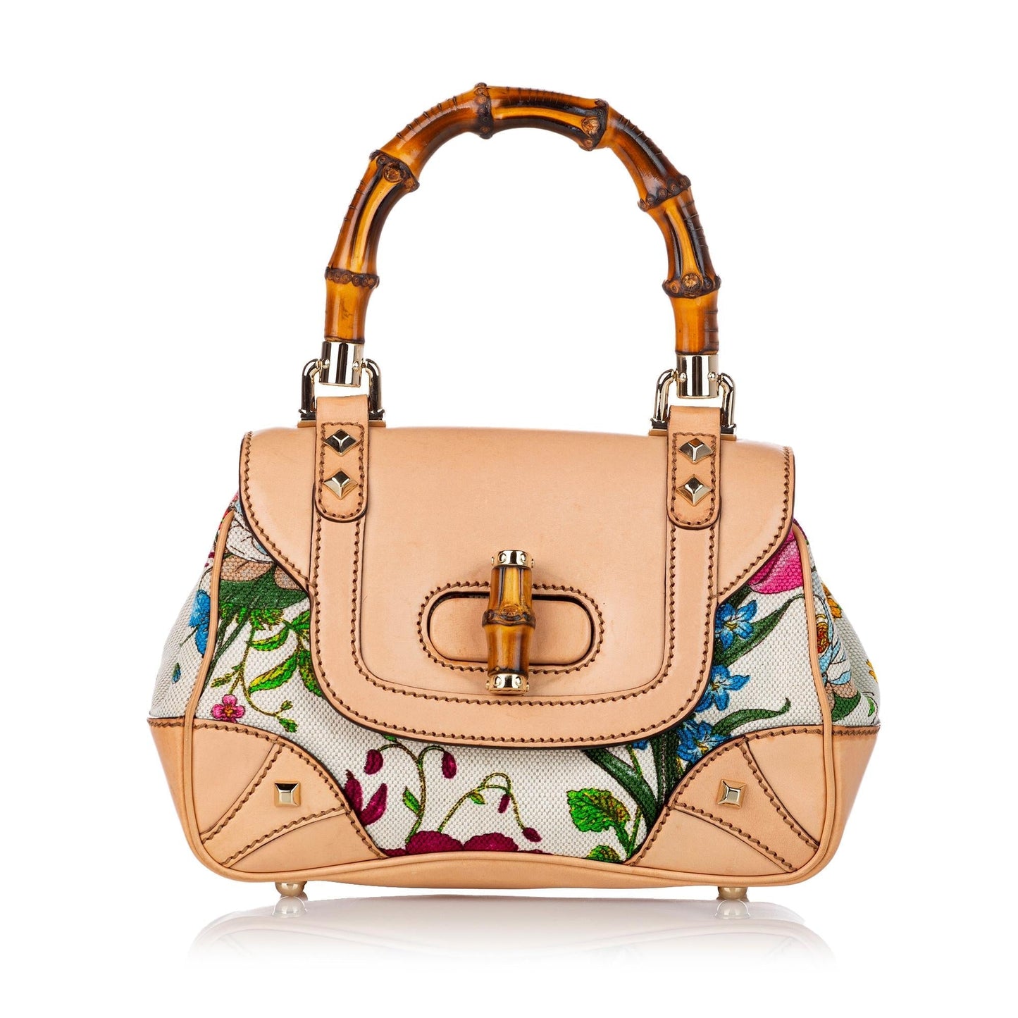 Gucci Bamboo Flora Nailhead SHG Canvas White Satchel Bag