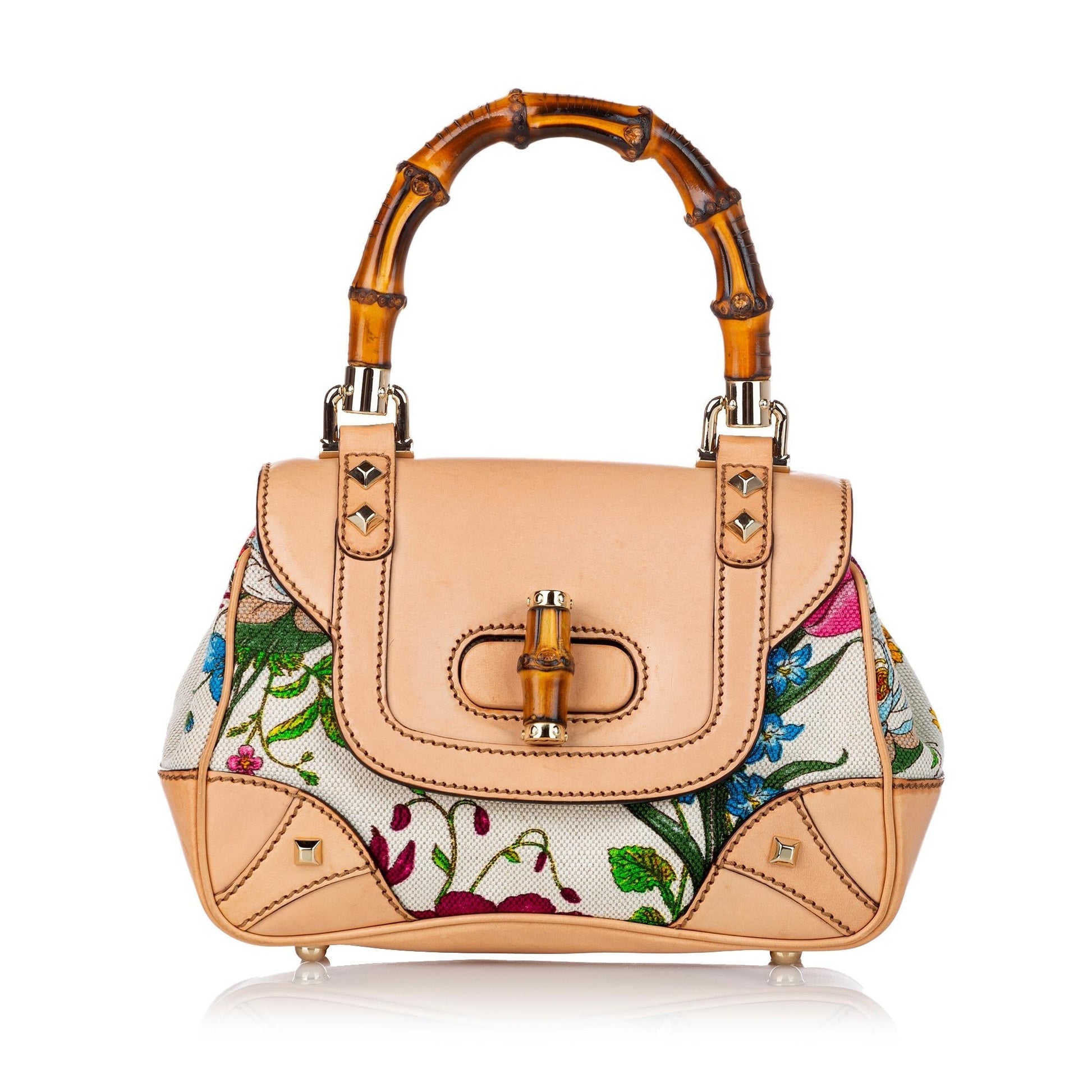 Gucci Bamboo Flora Nailhead SHG Canvas White Satchel Bag