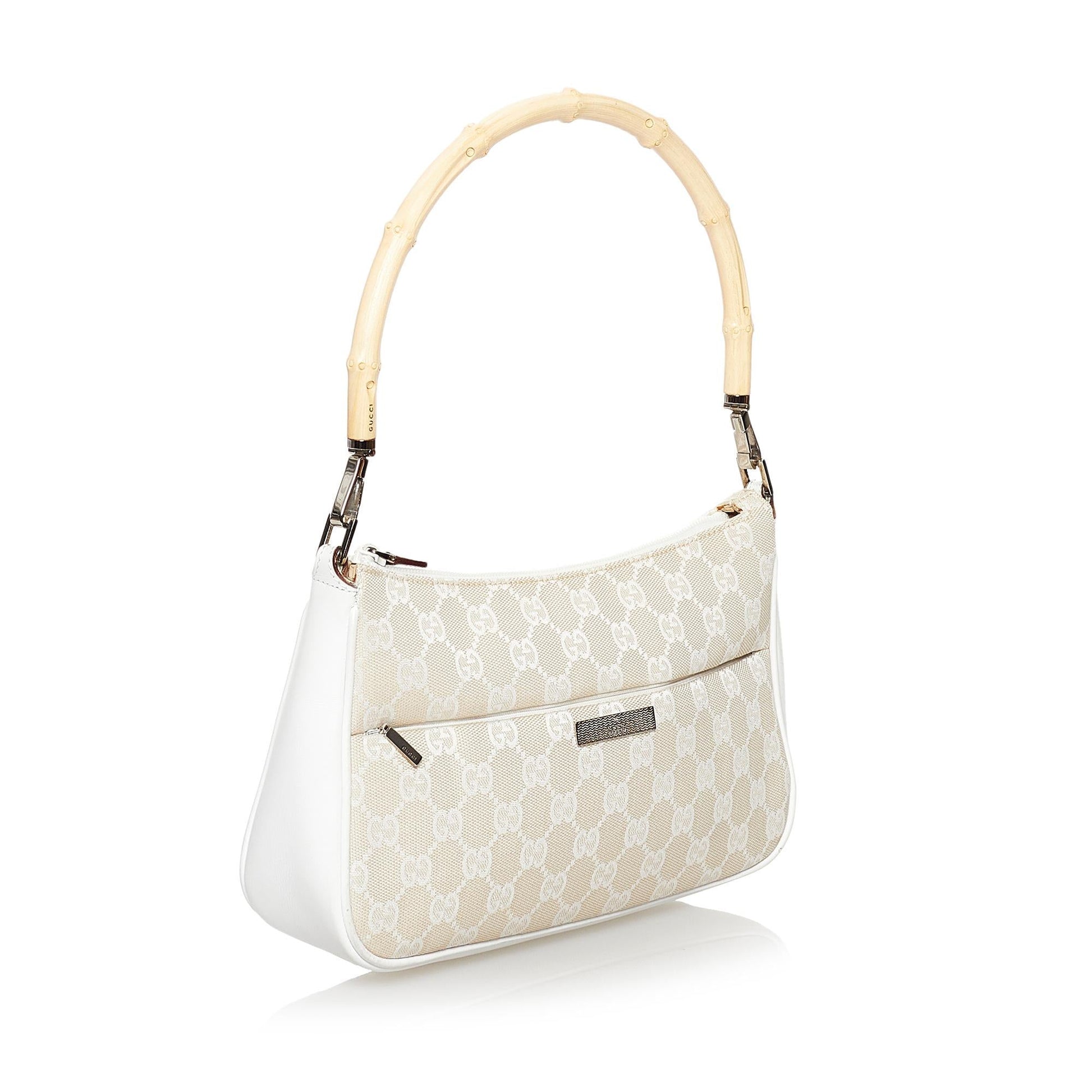 Gucci Bamboo GG Baguette SHG Canvas White Brown Handbag Baguette Shg