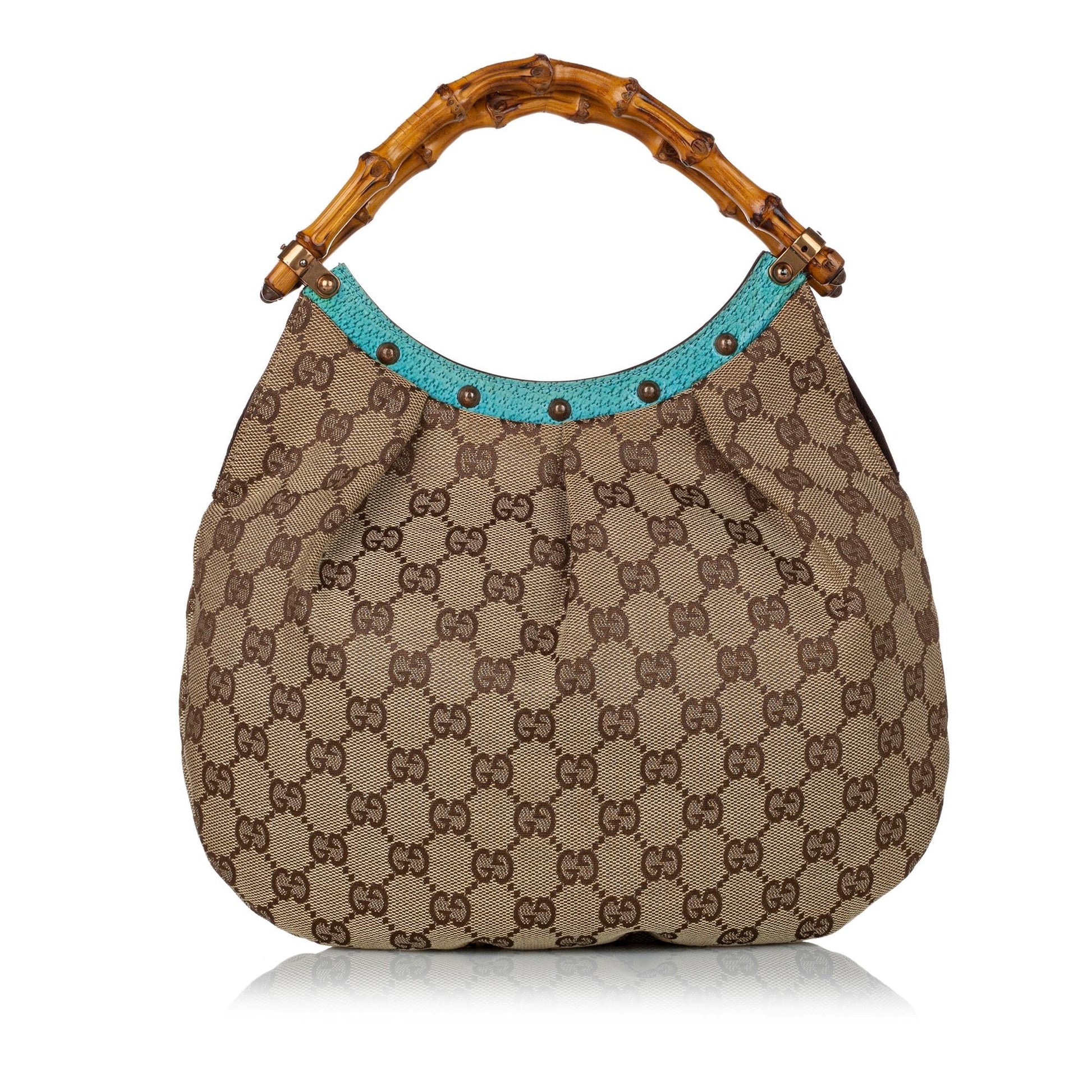 Gucci Bamboo GG SHG Canvas Brown Blue Satchel Bag