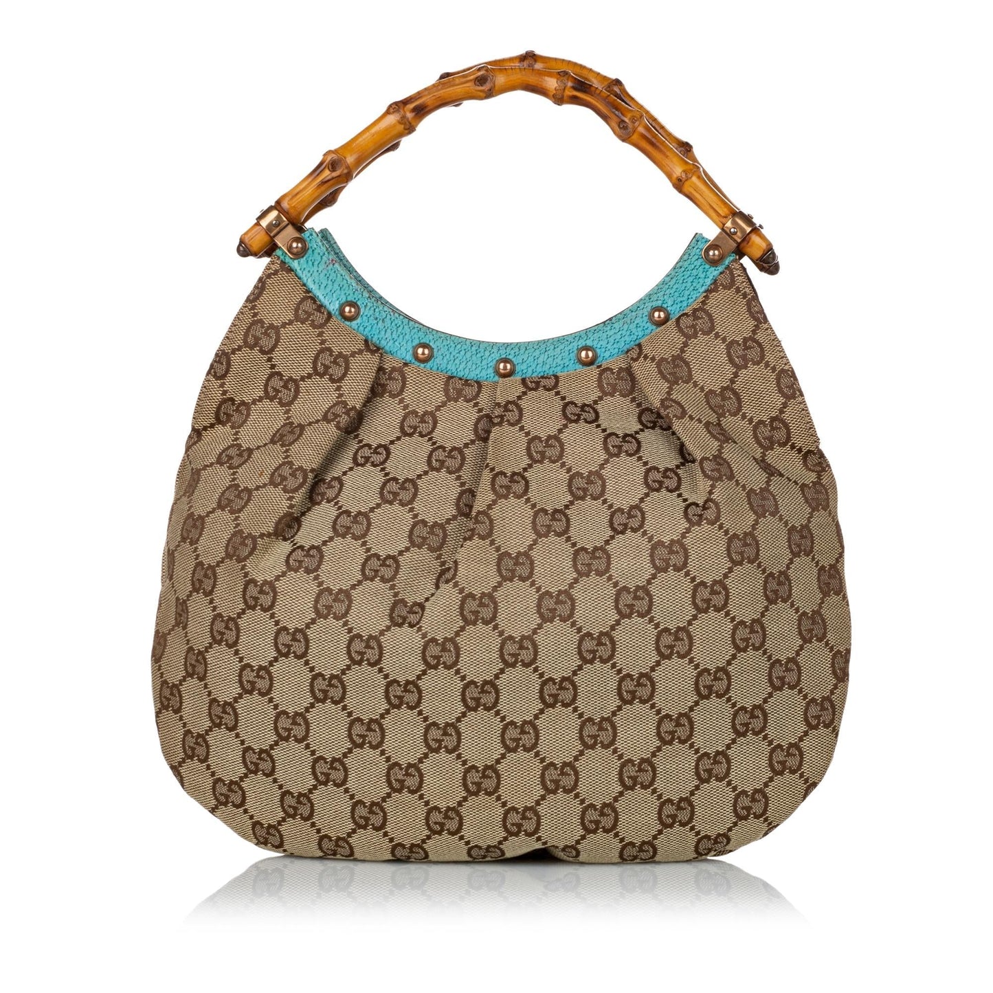 Gucci Bamboo GG SHG Canvas Brown Blue Satchel Bag