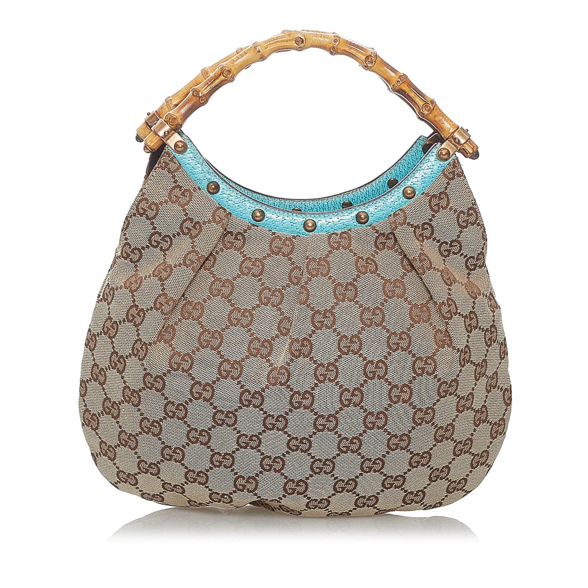 Gucci Bamboo GG SHG Canvas Brown Blue Satchel Bag Handbag Shg