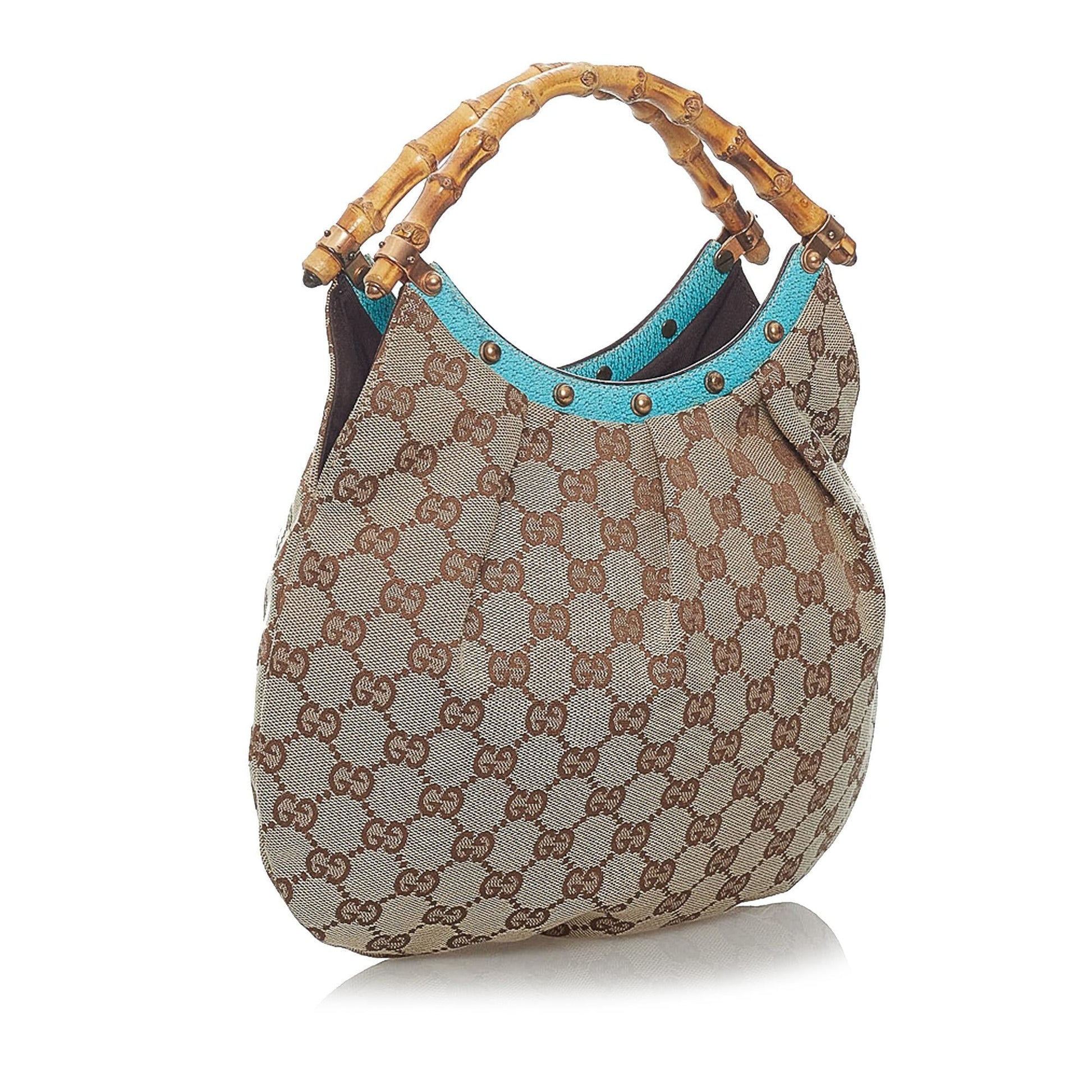 Gucci Bamboo GG SHG Canvas Brown Blue Satchel Bag Handbag Shg