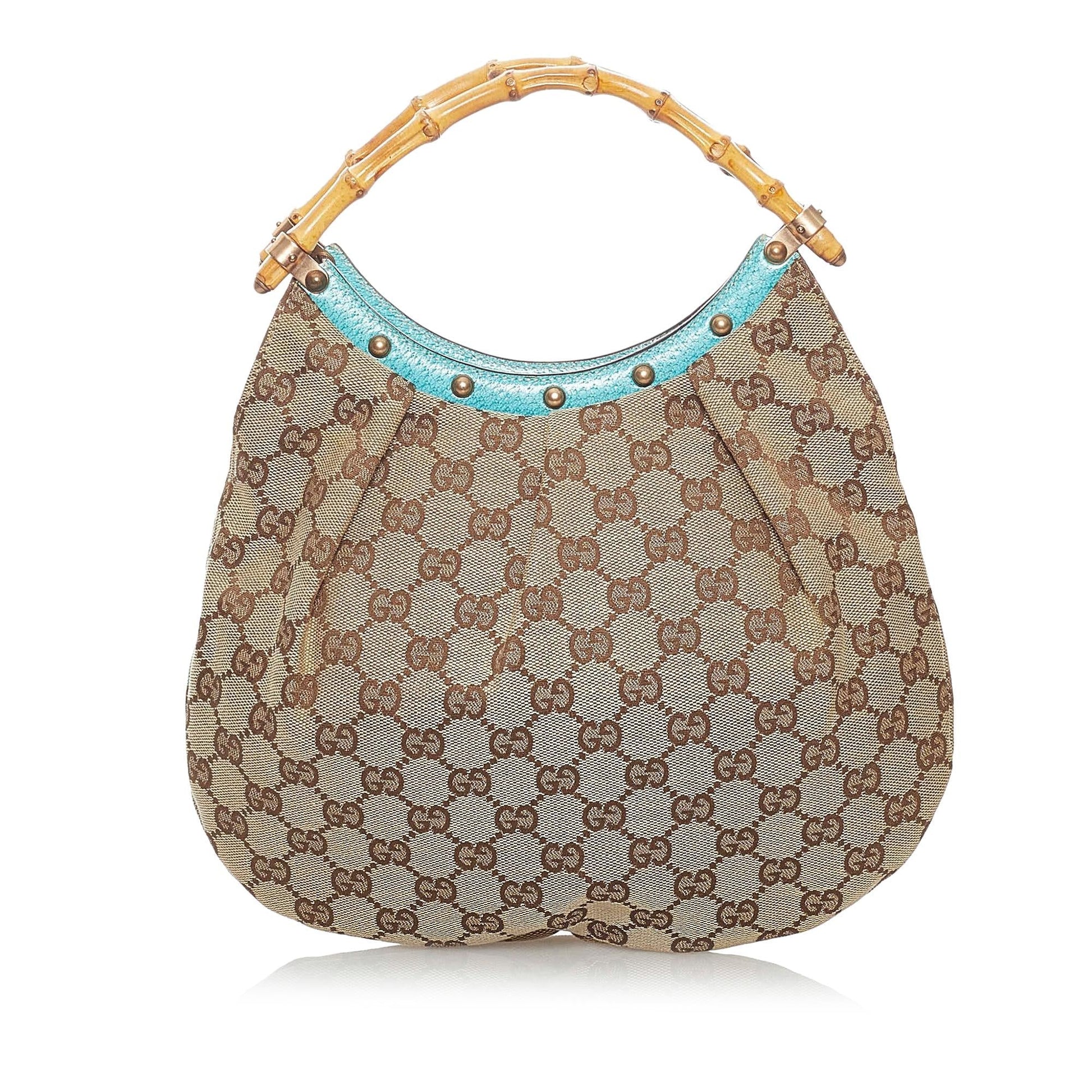 Gucci Bamboo GG SHG Canvas Brown Blue Satchel Bag 3