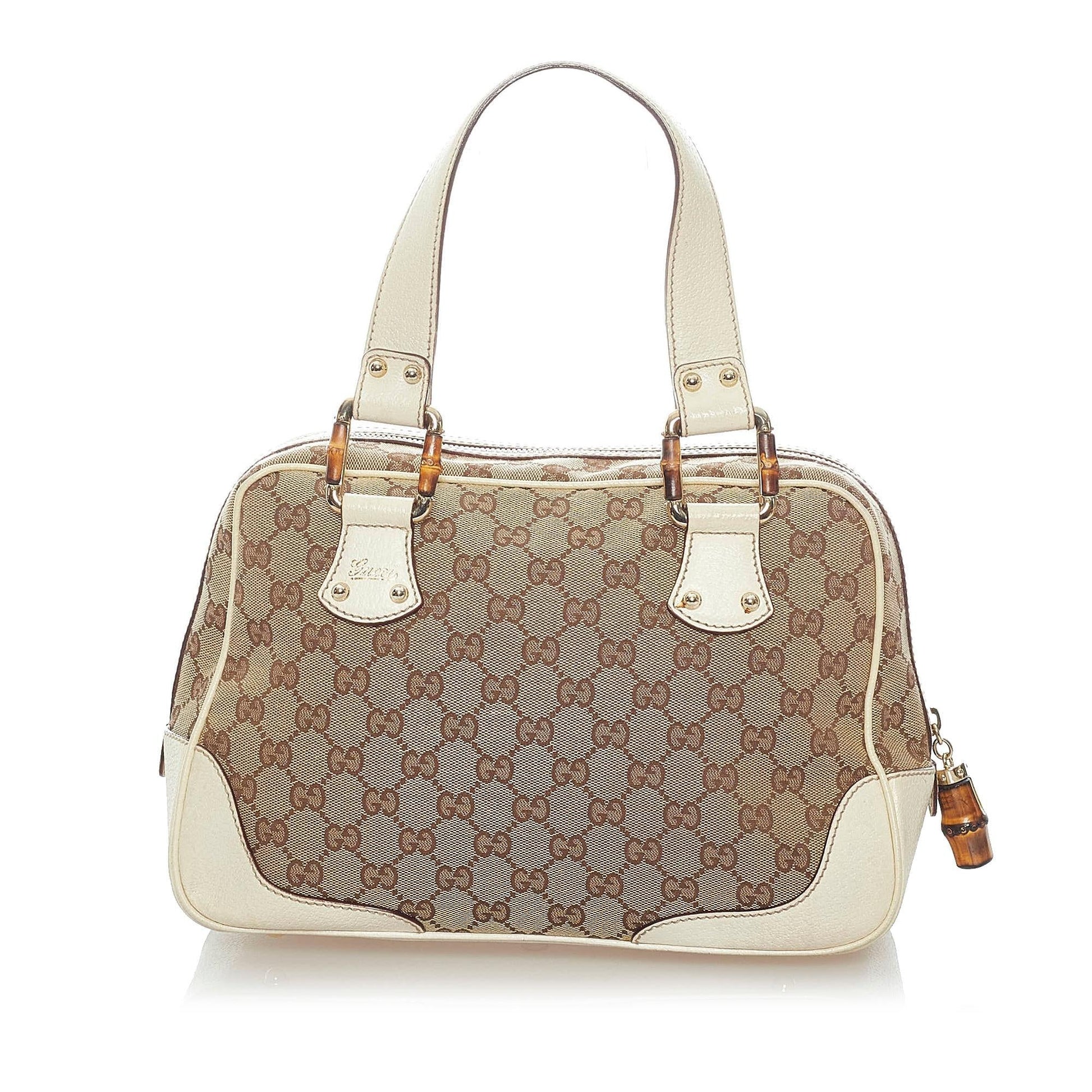 Gucci Bamboo GG SHG Canvas White Brown Satchel Bag