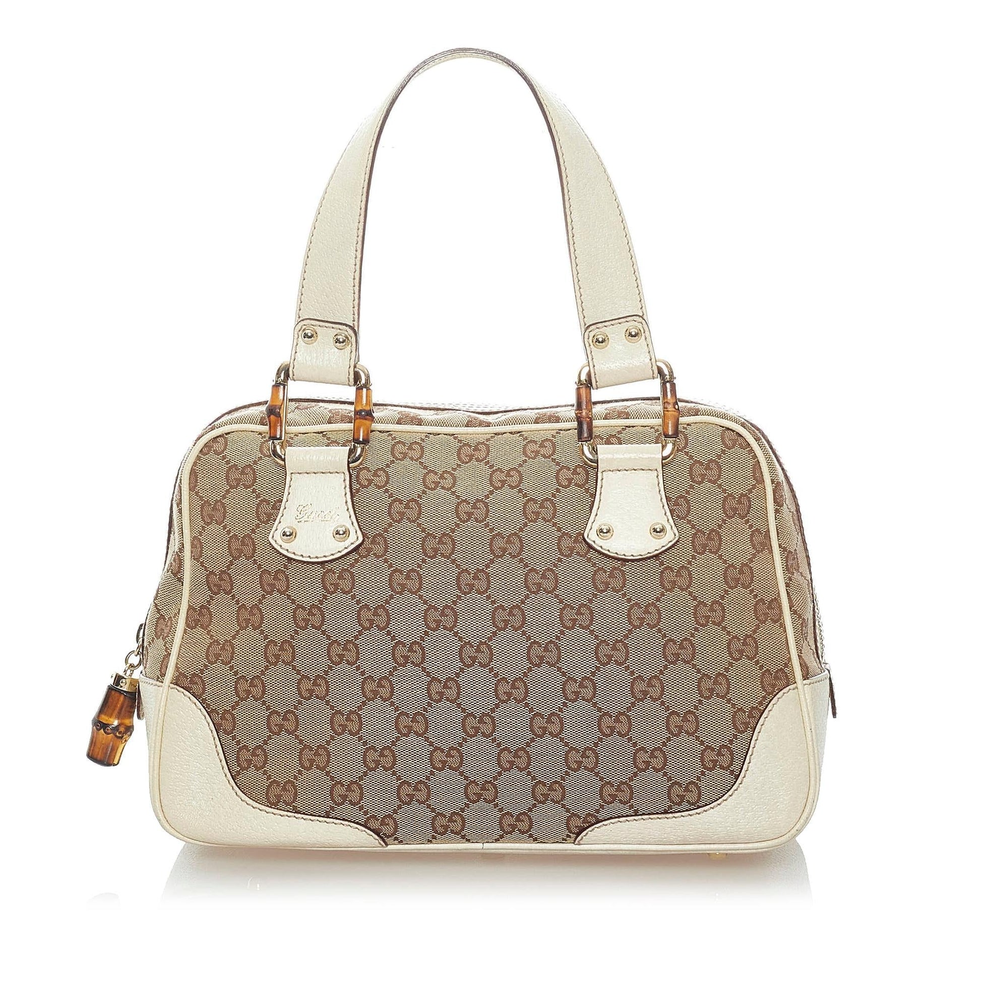 Gucci Bamboo GG SHG Canvas White Brown Satchel Bag