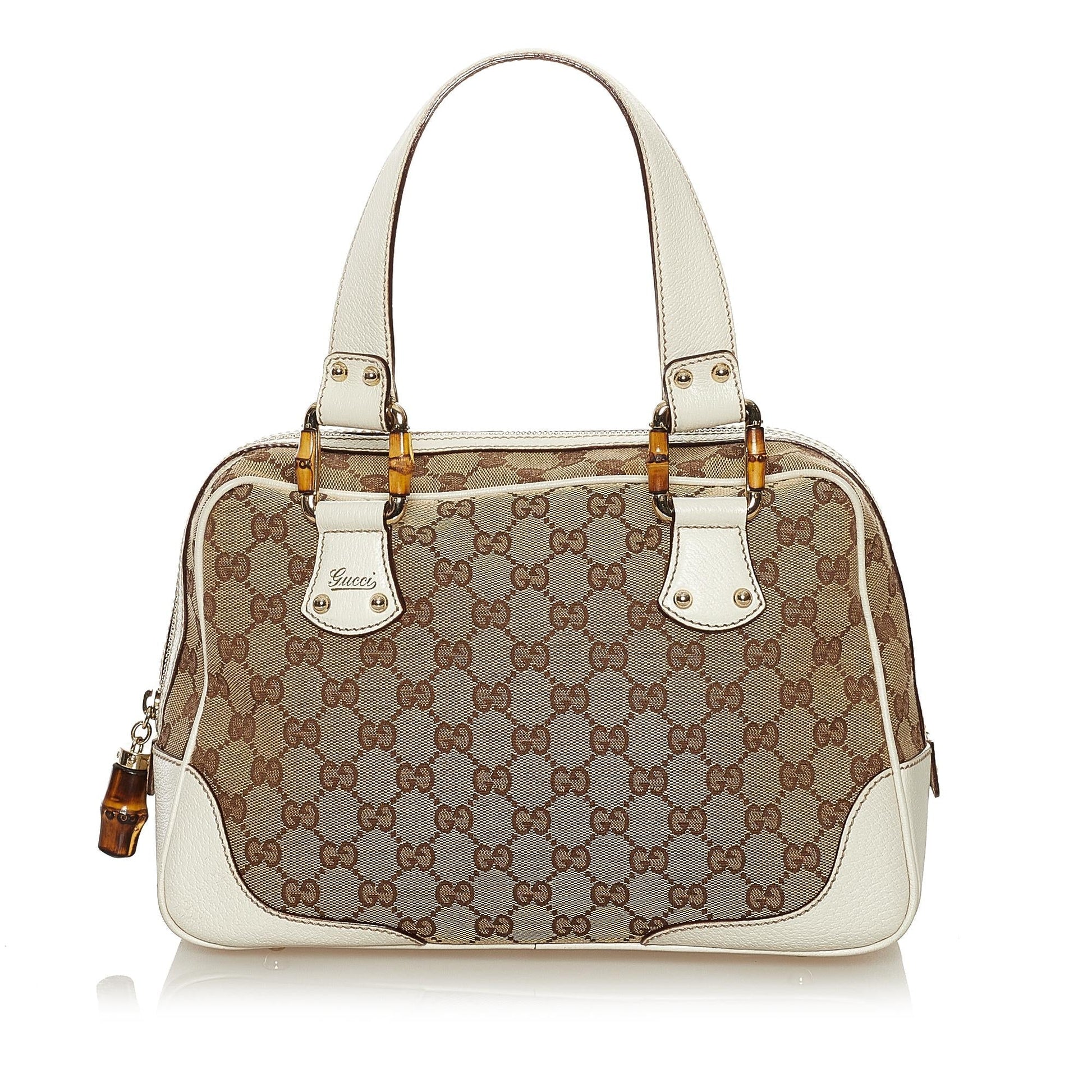 Gucci Bamboo GG SHG Canvas Calf Brown Satchel Bag