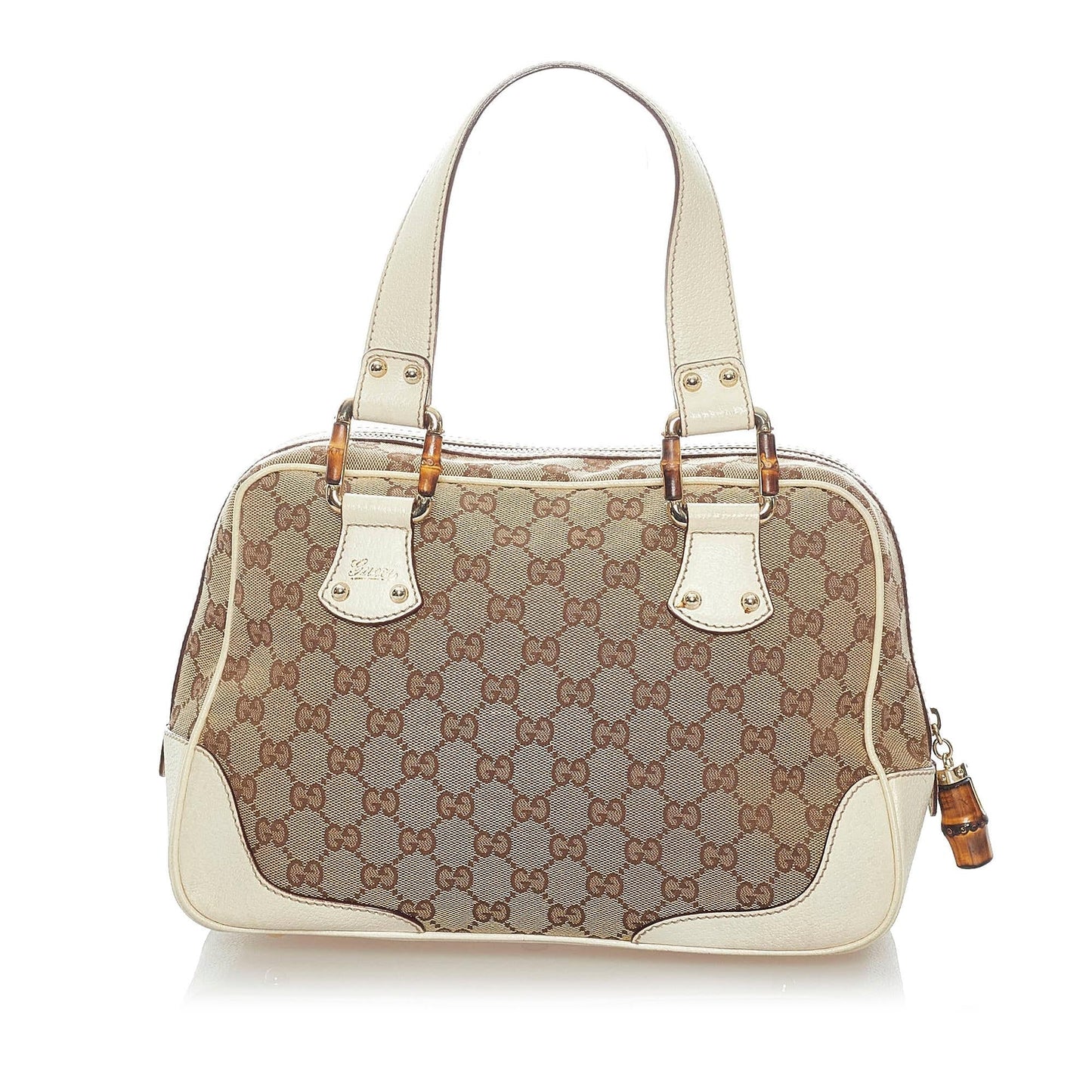 Gucci Bamboo GG SHG Canvas White Brown Satchel Bag Handbag Shg