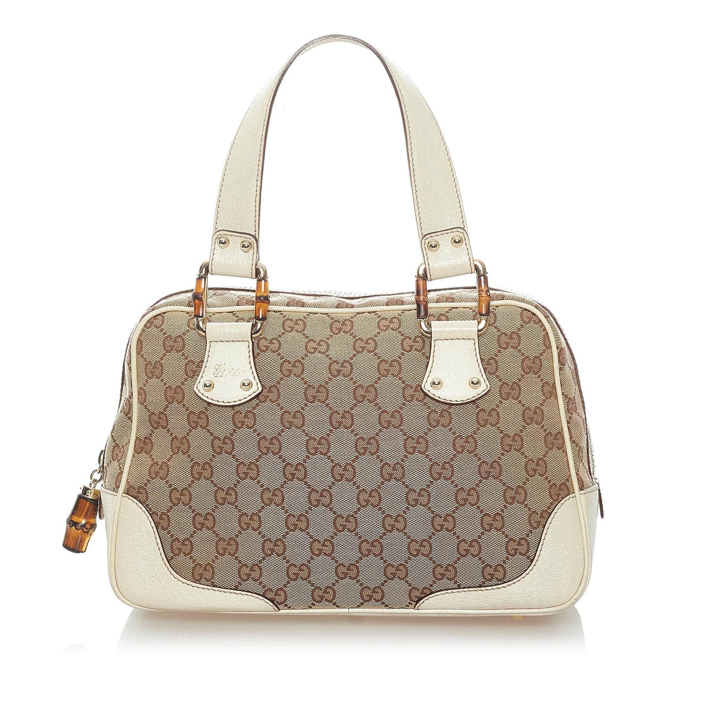 Gucci Bamboo GG SHG Canvas White Brown Satchel Bag Handbag Shg