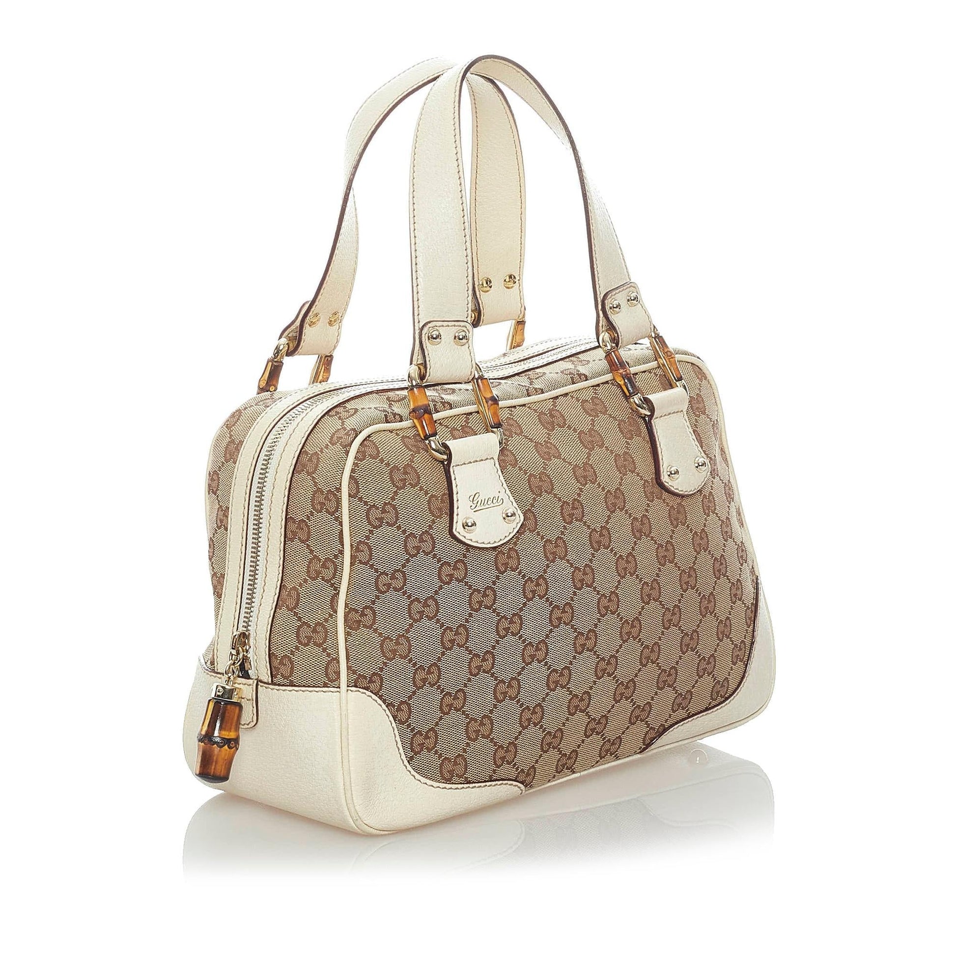 Gucci Bamboo GG SHG Canvas White Brown Satchel Bag Handbag Shg