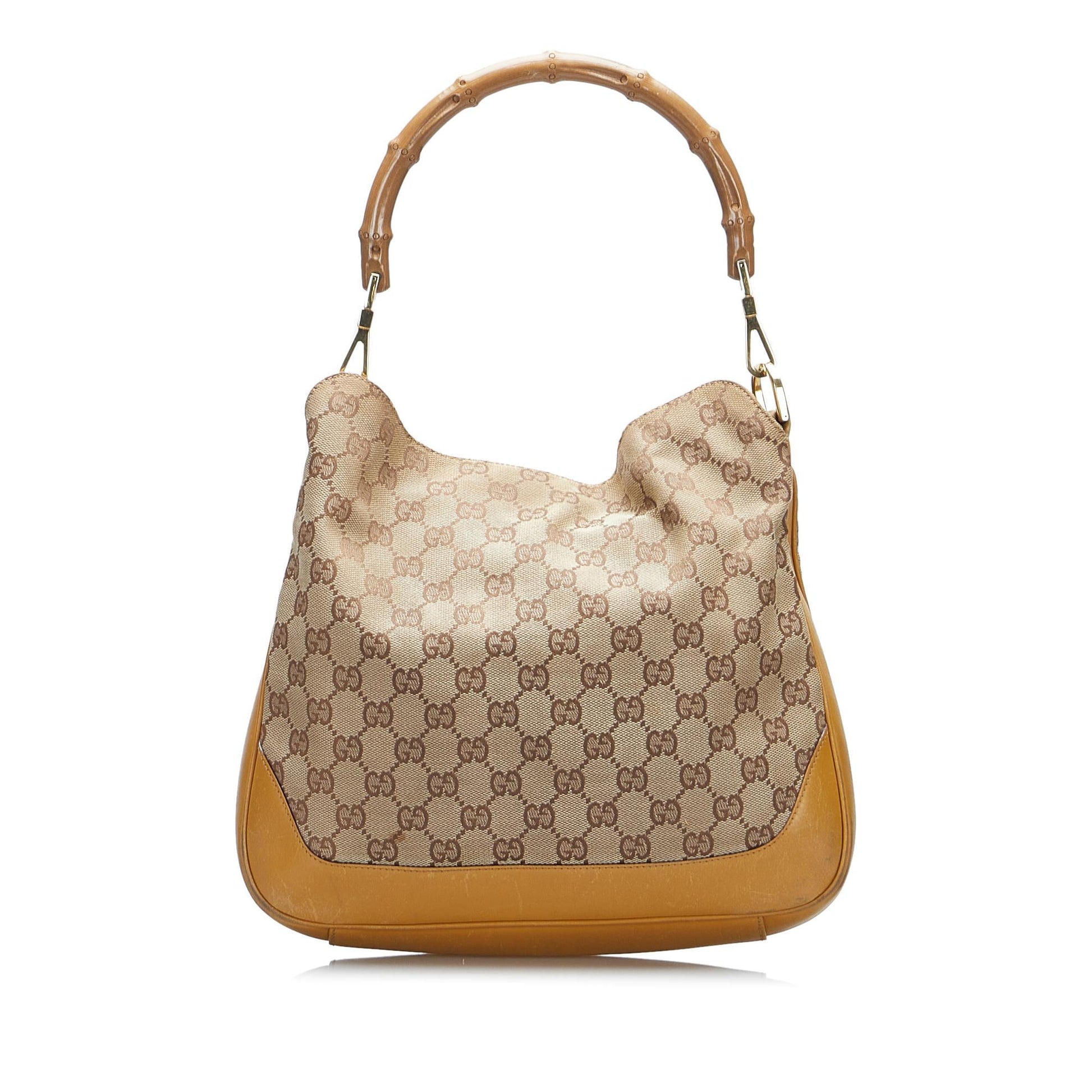 Gucci Bamboo GG Web SHG-GPZYZn Canvas Calf Brown Satchel Bag