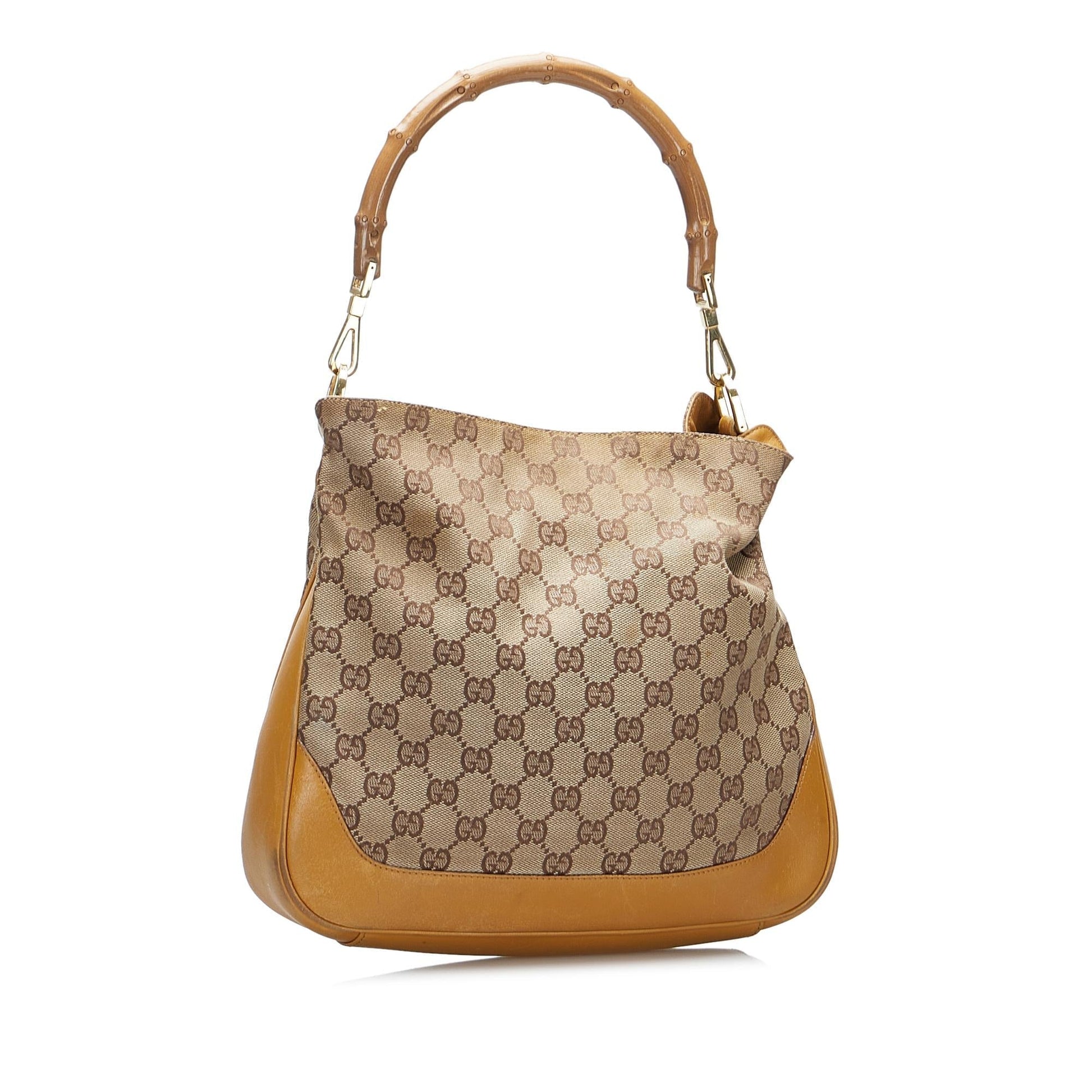 Gucci Bamboo GG Web SHG-GPZYZn Canvas Calf Brown Satchel Bag
