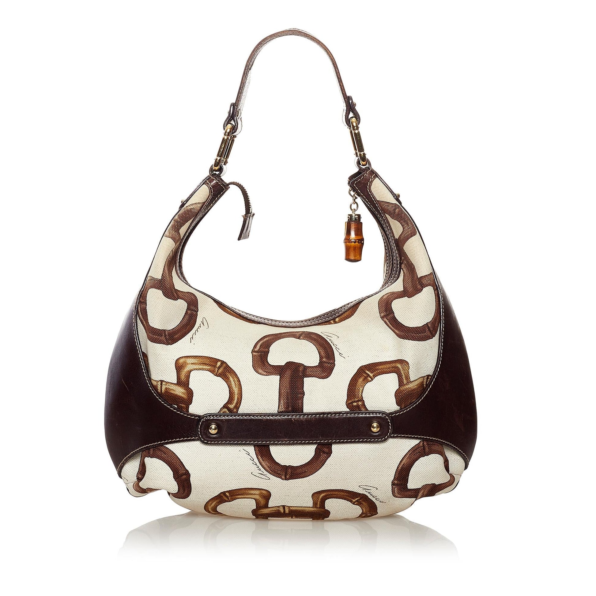 Gucci Bamboo Horsebit Amalfi SHG Canvas White Brown Shoulder Bag