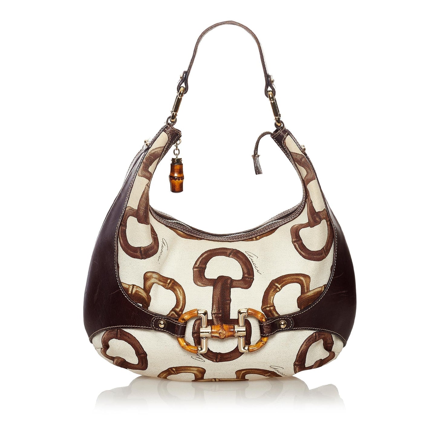 Gucci Bamboo Horsebit Amalfi SHG Canvas White Brown Shoulder Bag