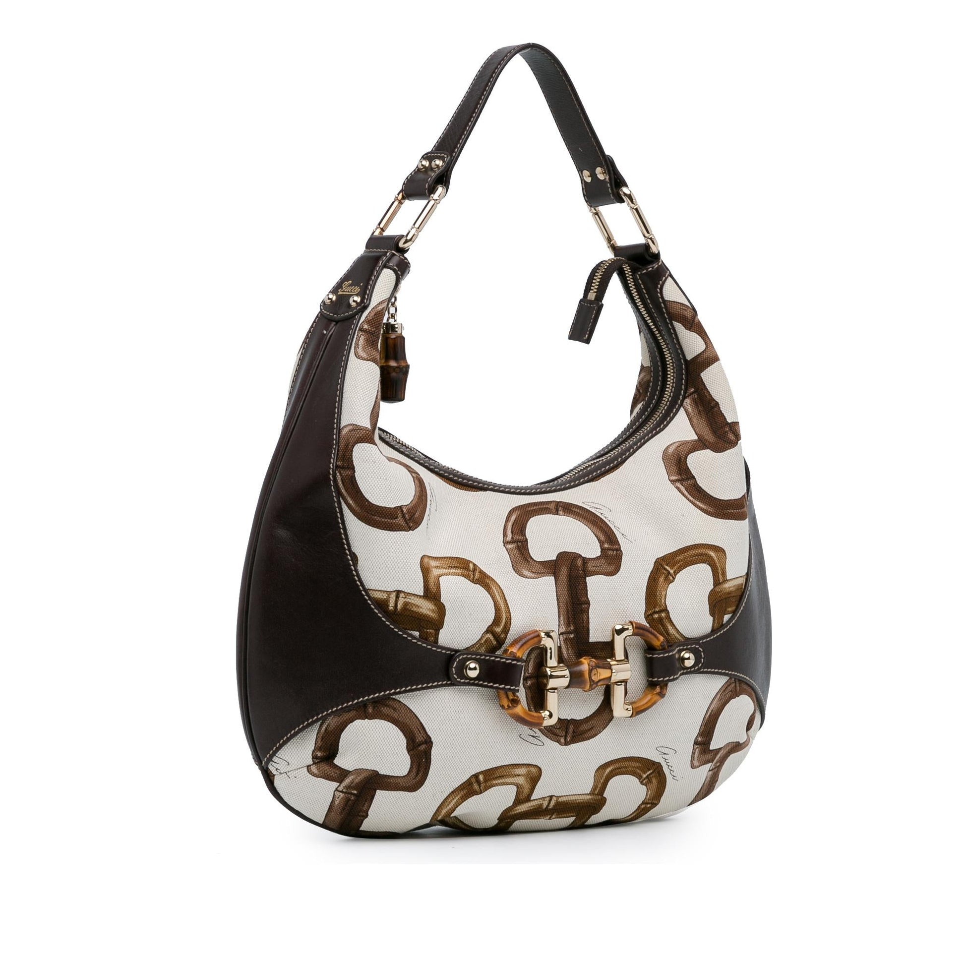 Gucci Bamboo Horsebit Amalfi SHG-iRvSaW Canvas Calf White Brown Shoulder Bag