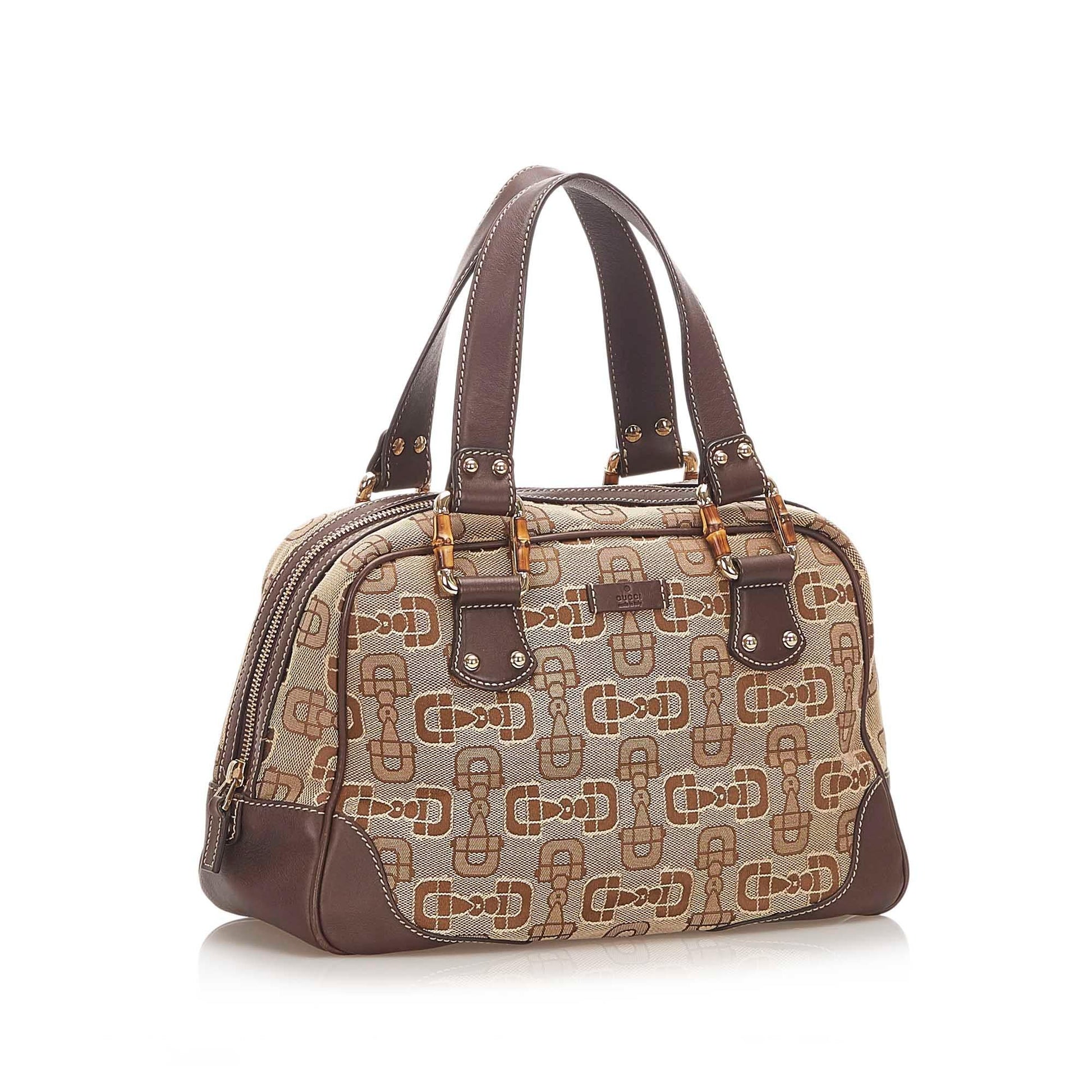 Gucci Bamboo Horsebit SHG Canvas Brown Satchel Bag