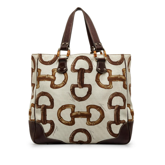 Gucci Bamboo Horsebit SHG-S7HTdu Canvas White Tote Bag