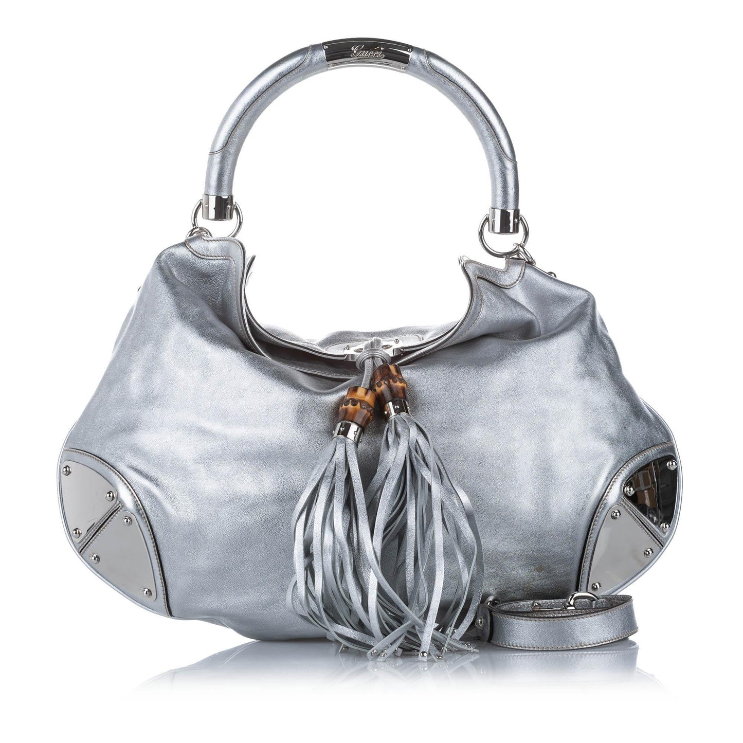 Gucci Bamboo Indy SHG Leather Calf Silver Satchel Bag