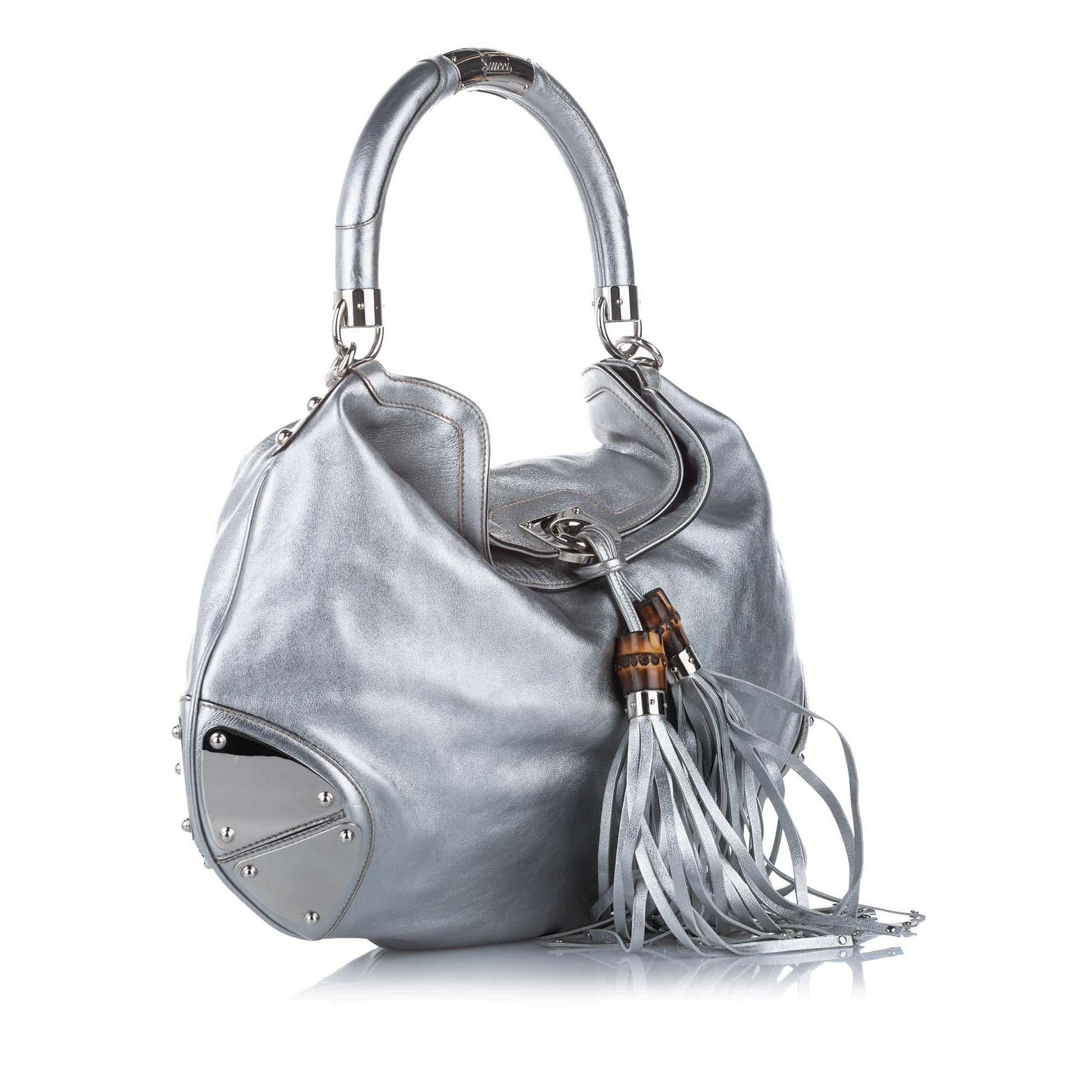 Gucci Bamboo Indy SHG Leather Calf Silver Satchel Bag