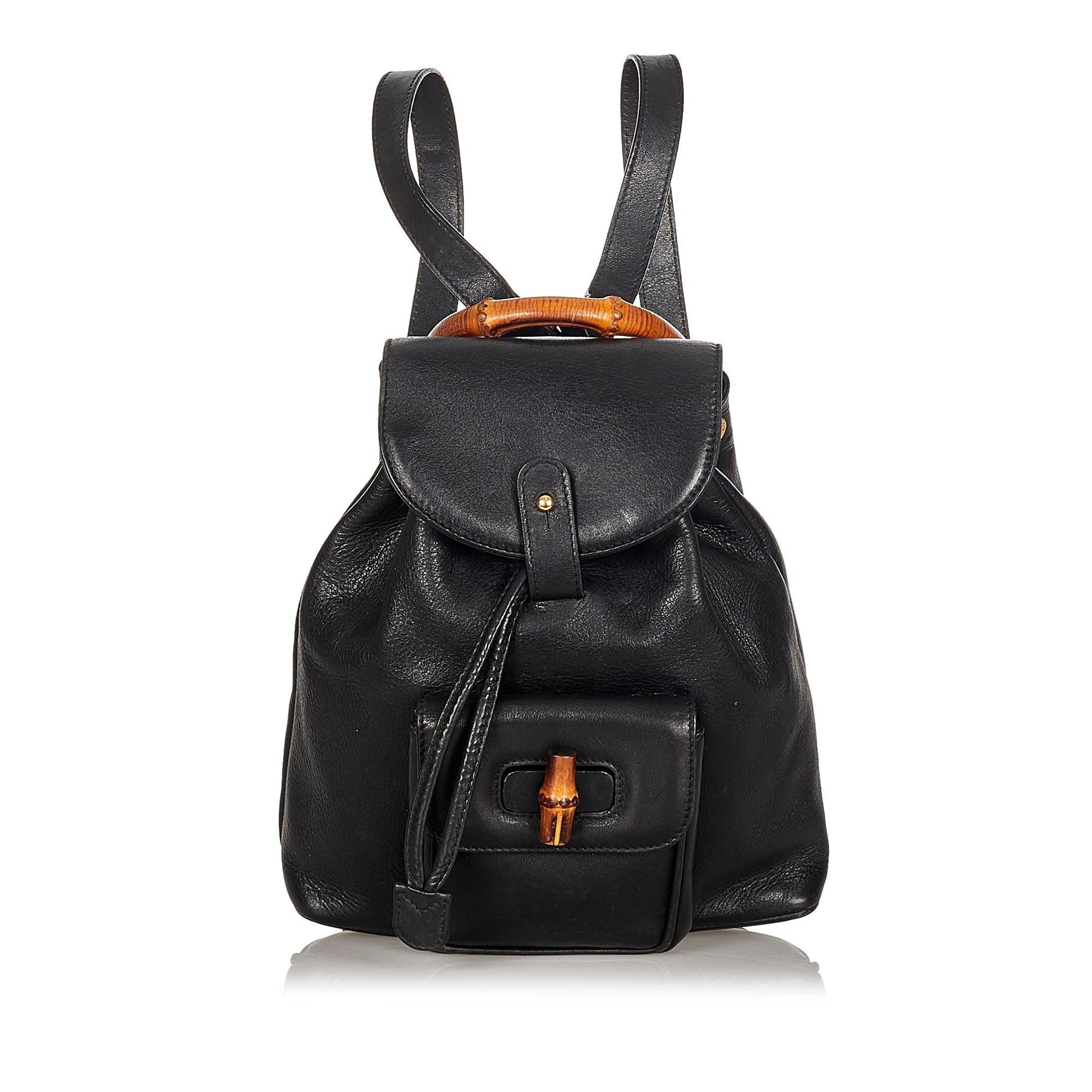 Gucci Bamboo Drawstring Backpack SHG Leather Calf Black Jewelry