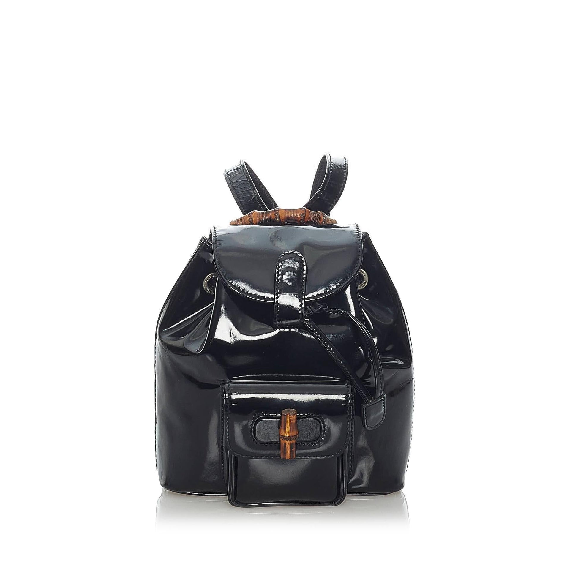 Gucci Bamboo Drawstring Backpack SHG Leather Patent Black Jewelry