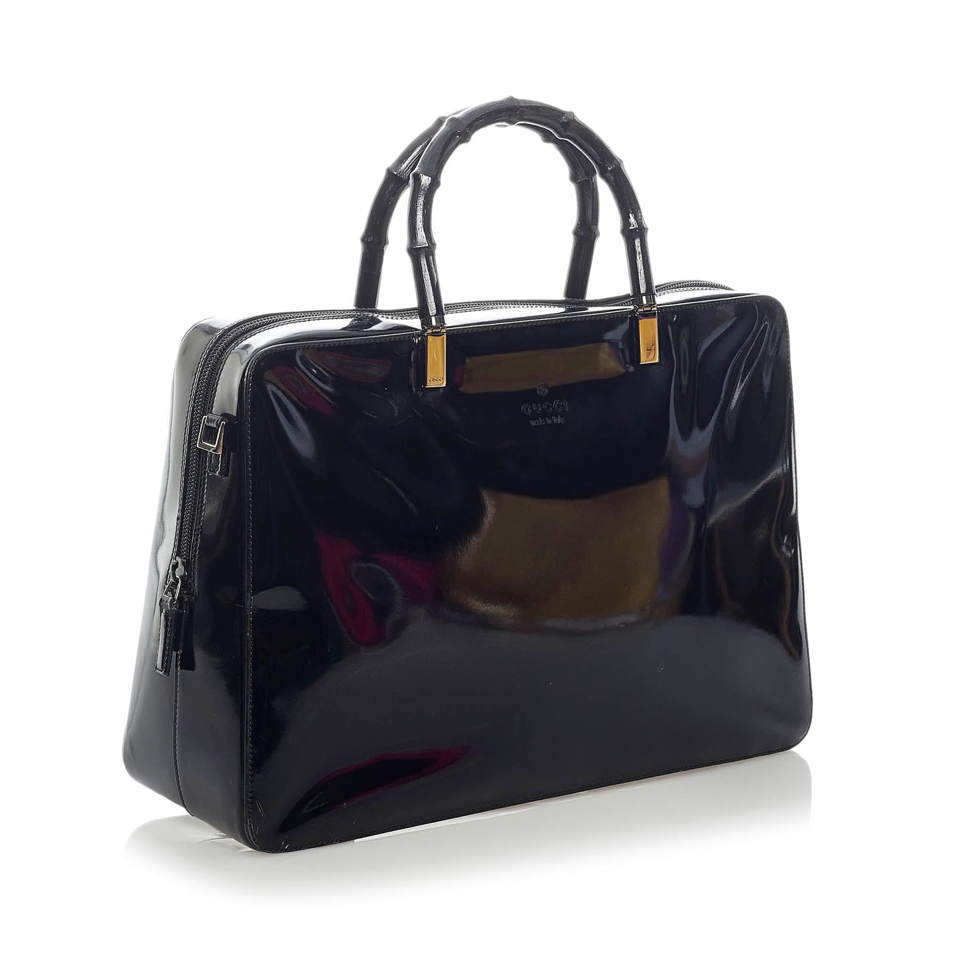 Gucci Bamboo SHG Leather Patent Black Satchel Bag