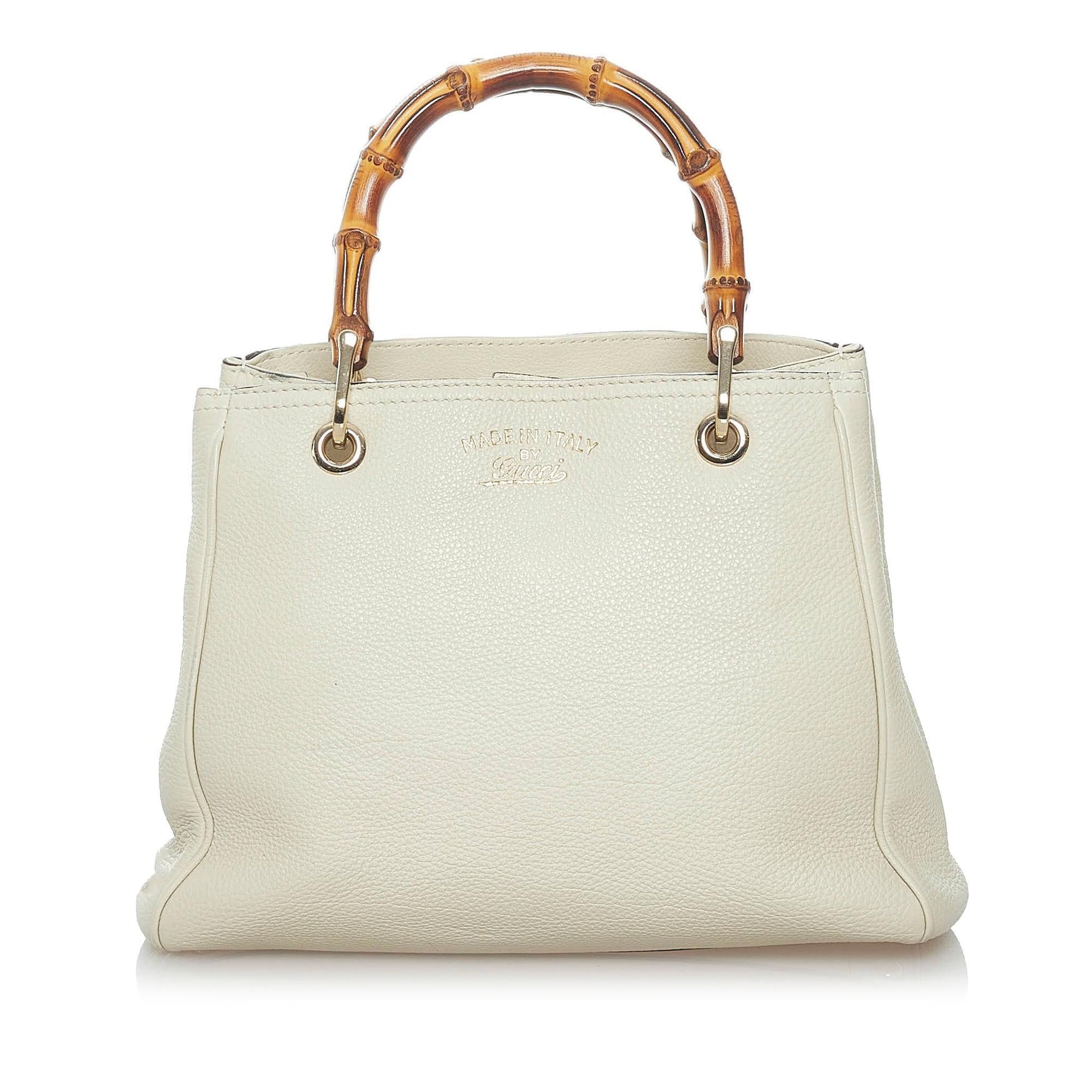 Gucci Bamboo Shopper SHG Leather Calf White Brown Satchel Bag Satchel Shg