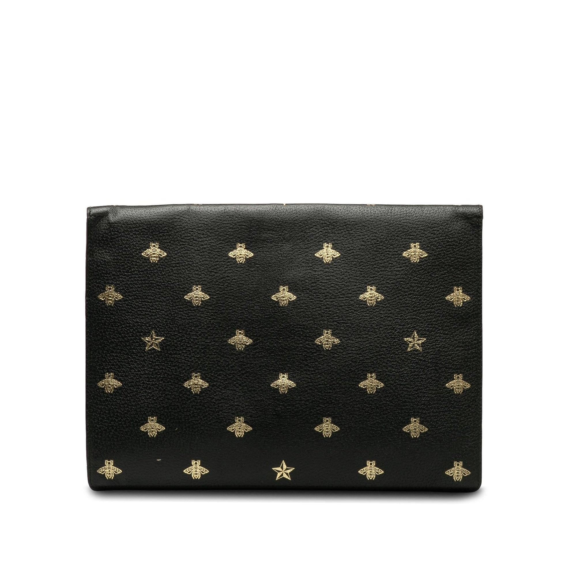 Gucci Bee Star Envelope Portfolio SHG-JqytMo Calf Black Clutch Bag