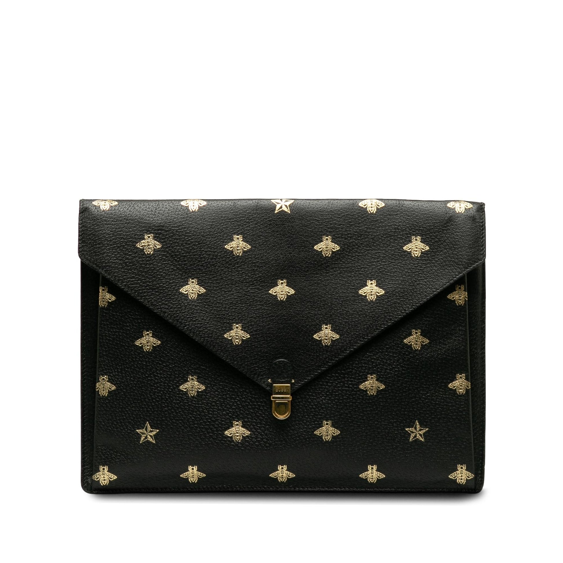 Gucci Bee Star Envelope Portfolio SHG-JqytMo Calf Black Clutch Bag