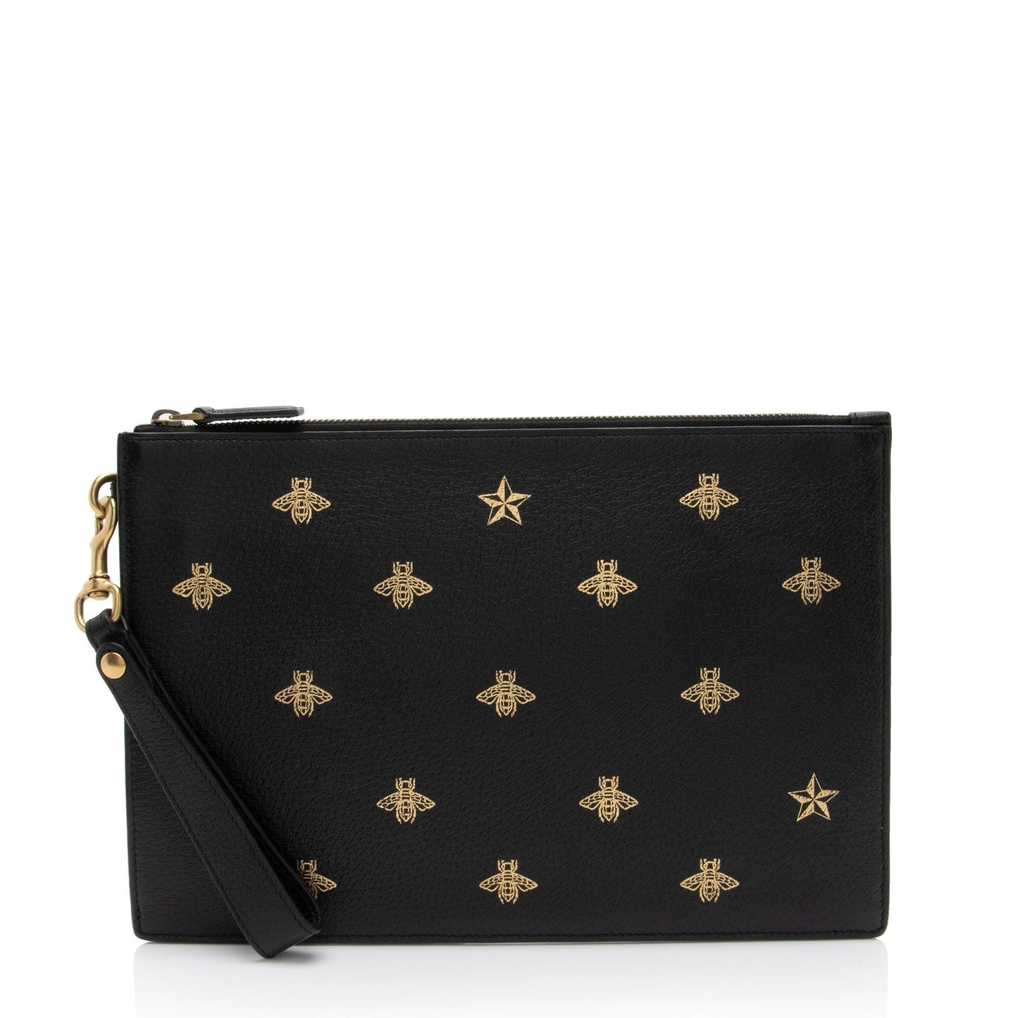 Gucci Bee Star Wristlet SHF-8glDSR Calfskin Black Clutch Bag