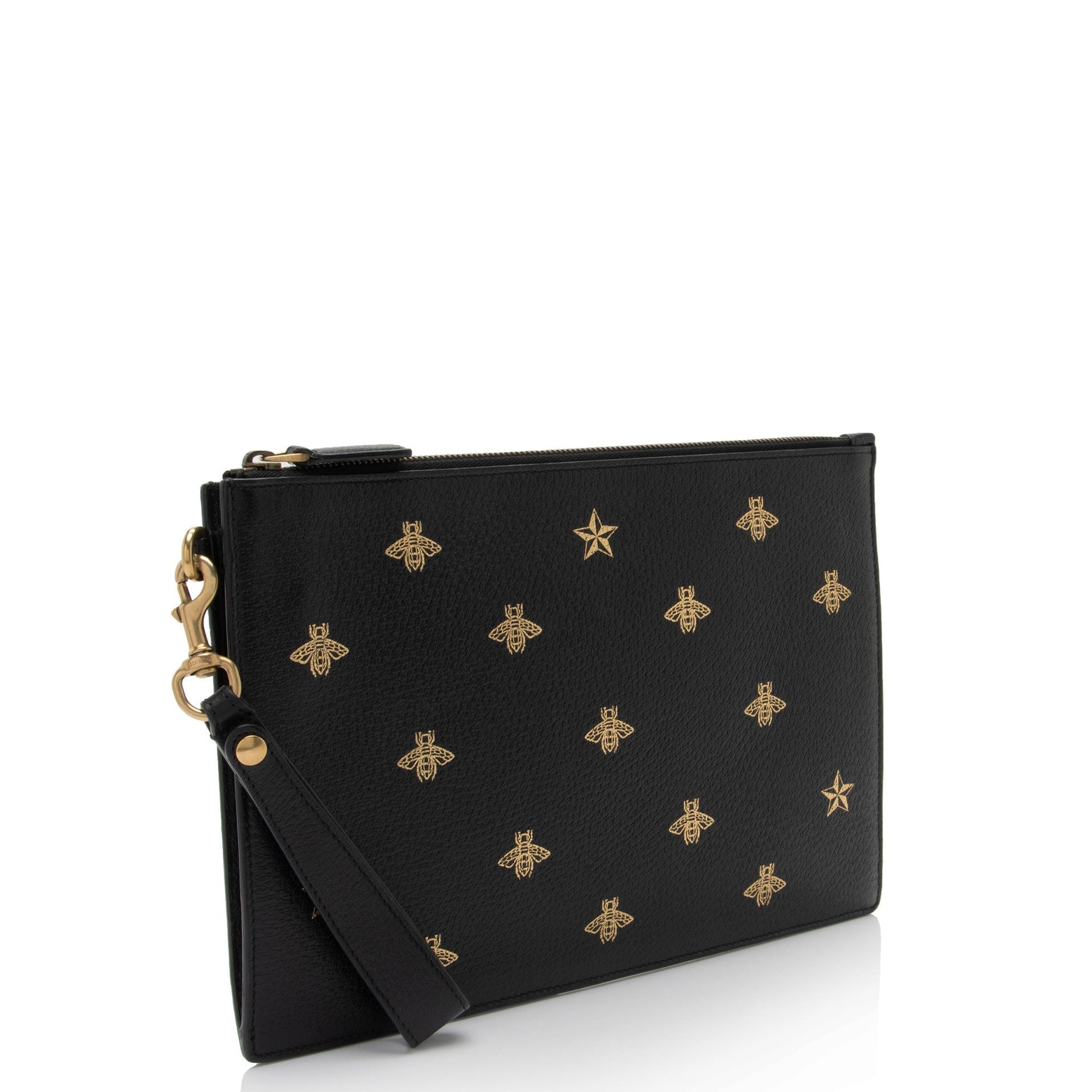 Gucci Bee Star Wristlet SHF-8glDSR Calfskin Black Clutch Bag