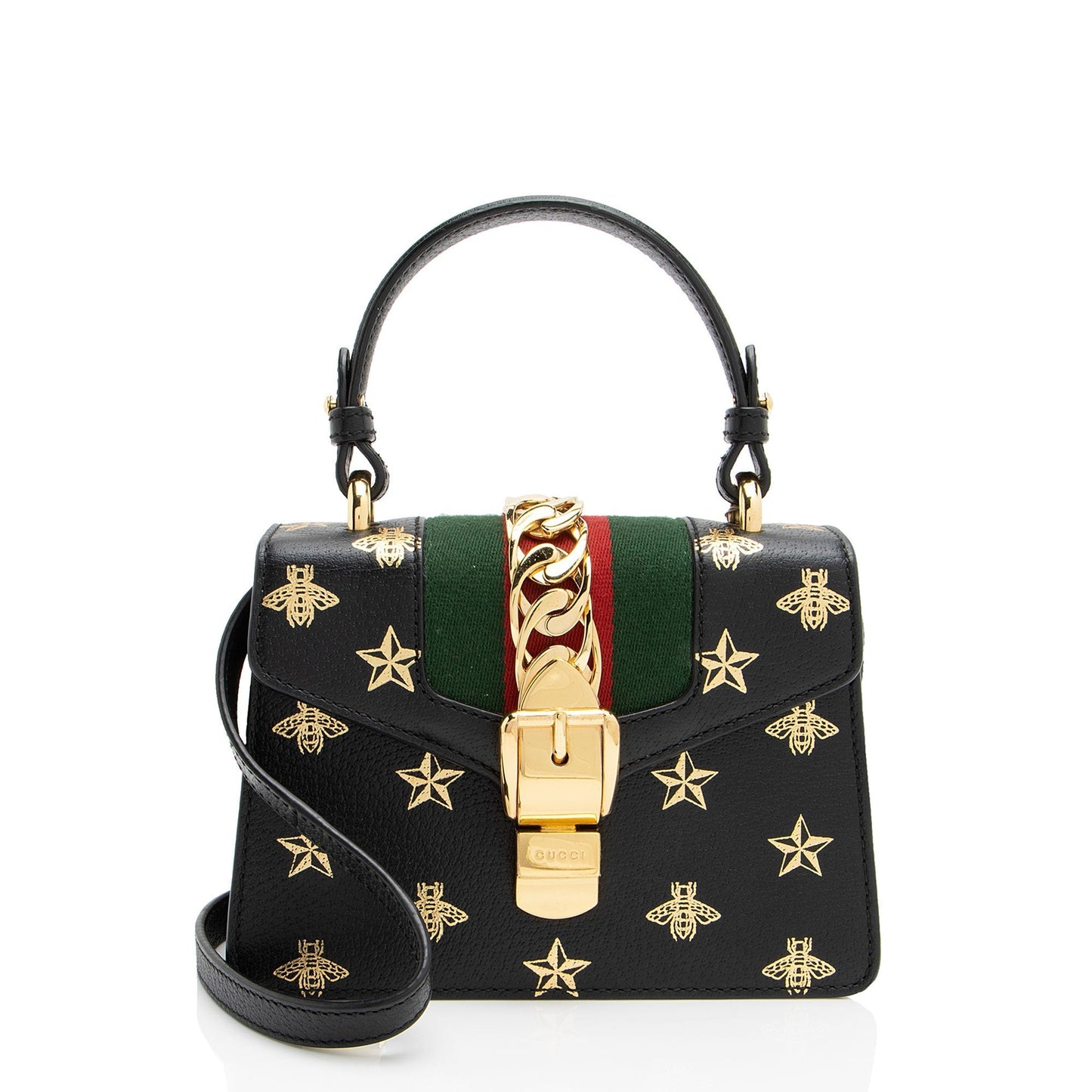 Gucci Bee & Star Sylvie Top Nylon Calfskin Blue Gold Satchel Bag