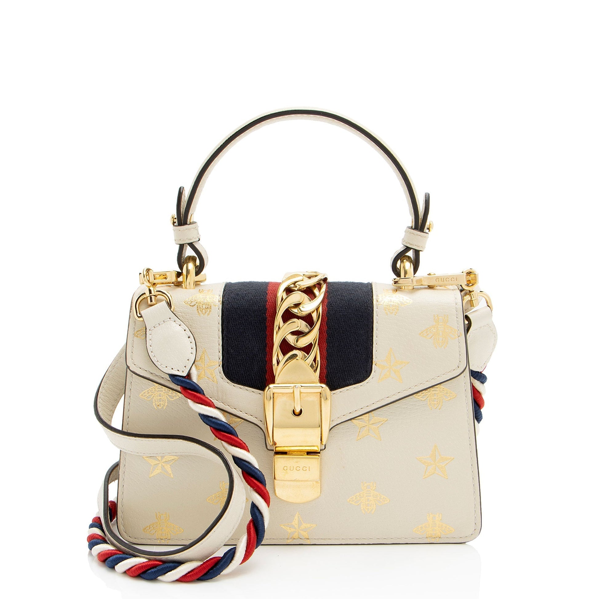 Gucci Bee & Star Sylvie Top Nylon Calfskin White Gold Satchel Bag