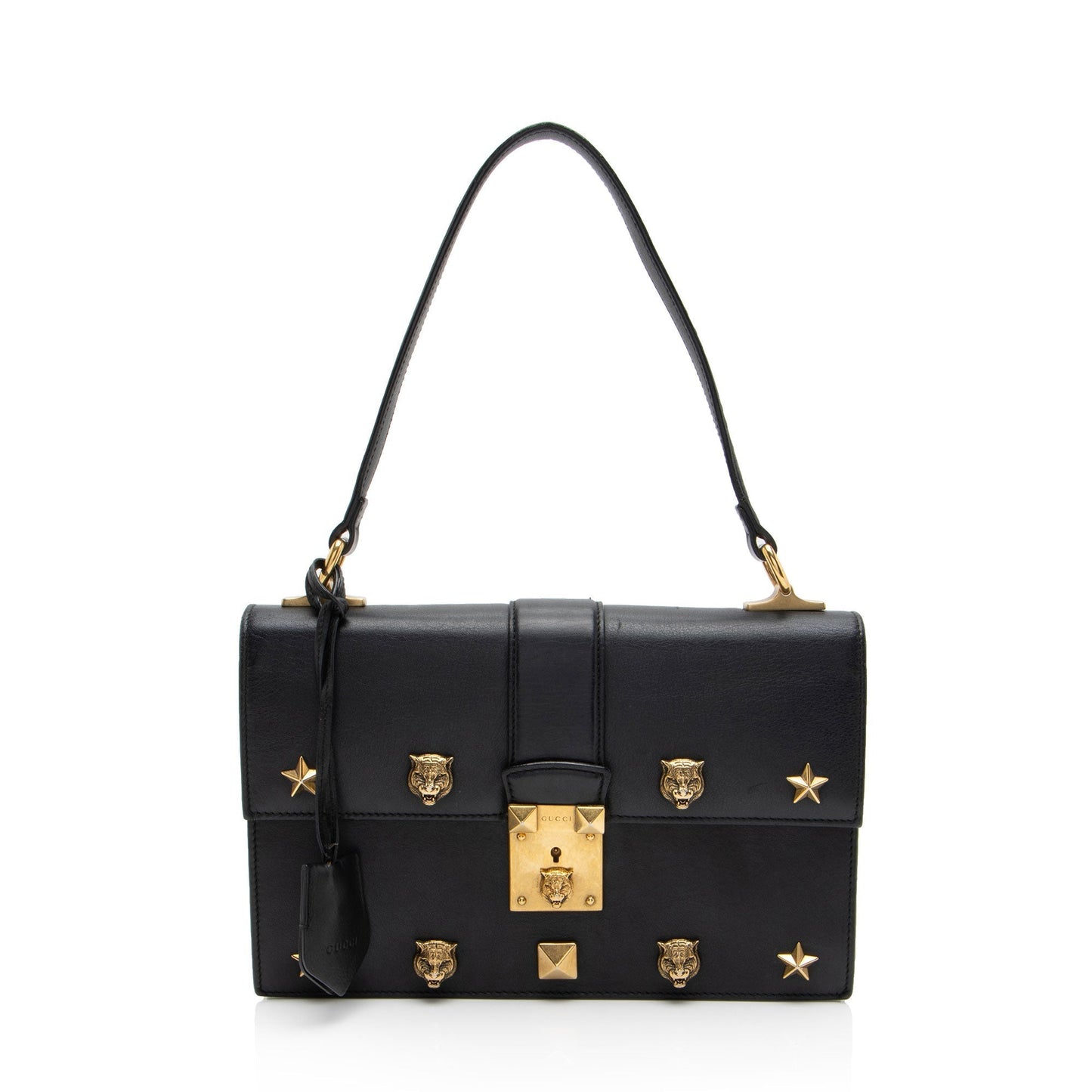 Gucci Cat Lock Calfskin Black Medium Top Handle Satchel Bag