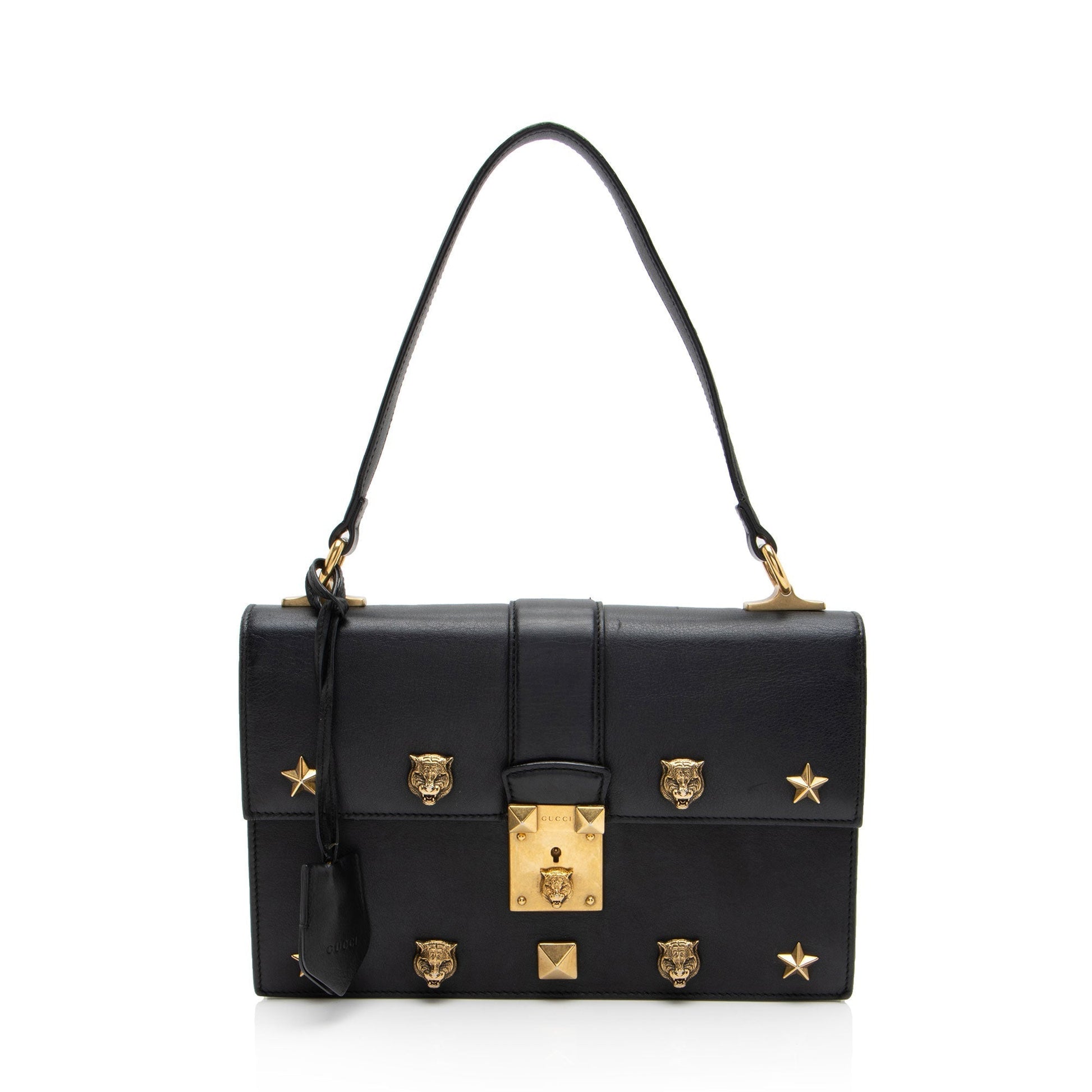 Gucci Cat Lock Calfskin Black Medium Top Handle Satchel Bag