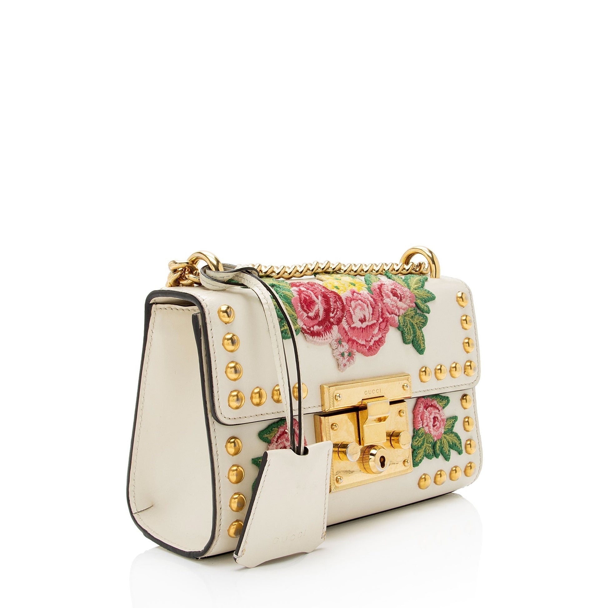 Gucci Floral Studded Padlock SHF-XfBq3s Calfskin White Small Crossbody Bag