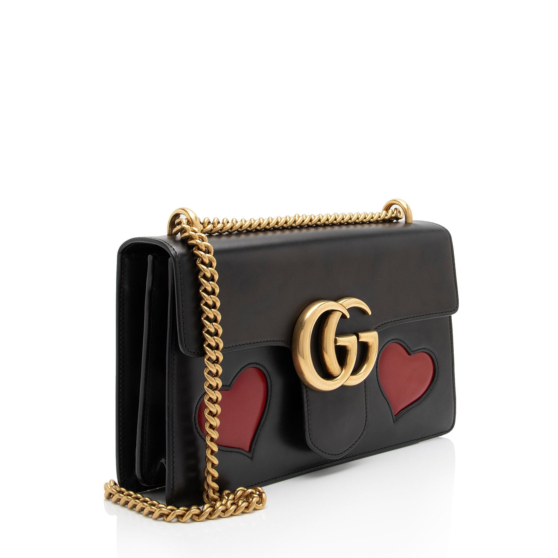 Gucci Malaga Kid Heart GG Marmont Leather Calfskin Black Red Shoulder Bag