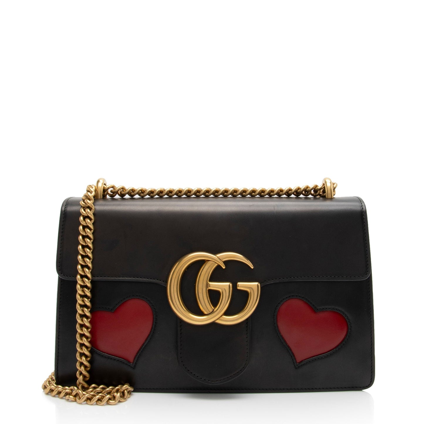 Gucci Malaga Kid Heart GG Marmont Calfskin Black Red Small Shoulder Bag Shf Oxh119
