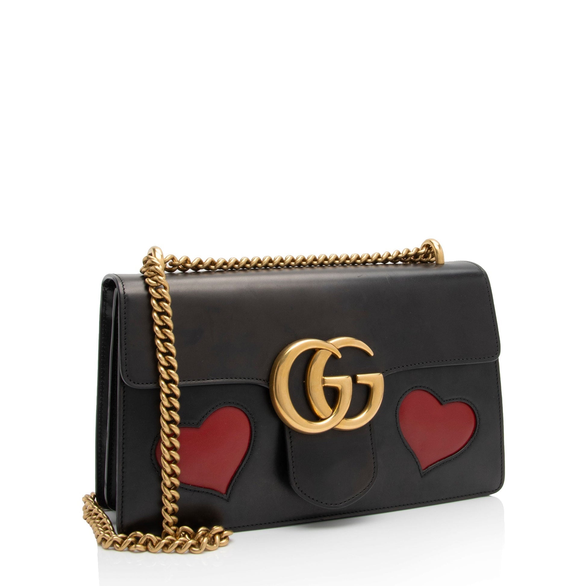 Gucci Malaga Kid Heart GG Marmont Calfskin Black Red Small Shoulder Bag Shf Oxh119