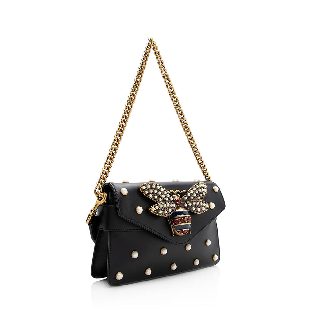 Gucci Pearl Bee Broadway SHF Nylon Calfskin Black Mini Crossbody Bag