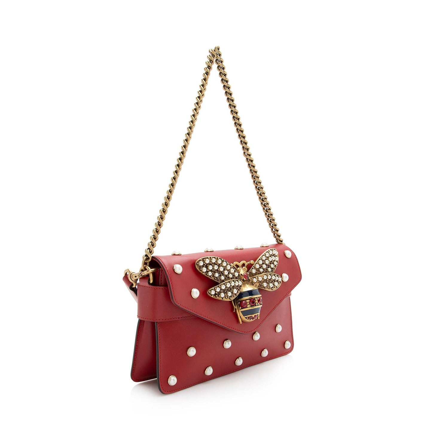 Gucci Pearl Bee Broadway SHF Nylon Calfskin Red Mini Crossbody Bag