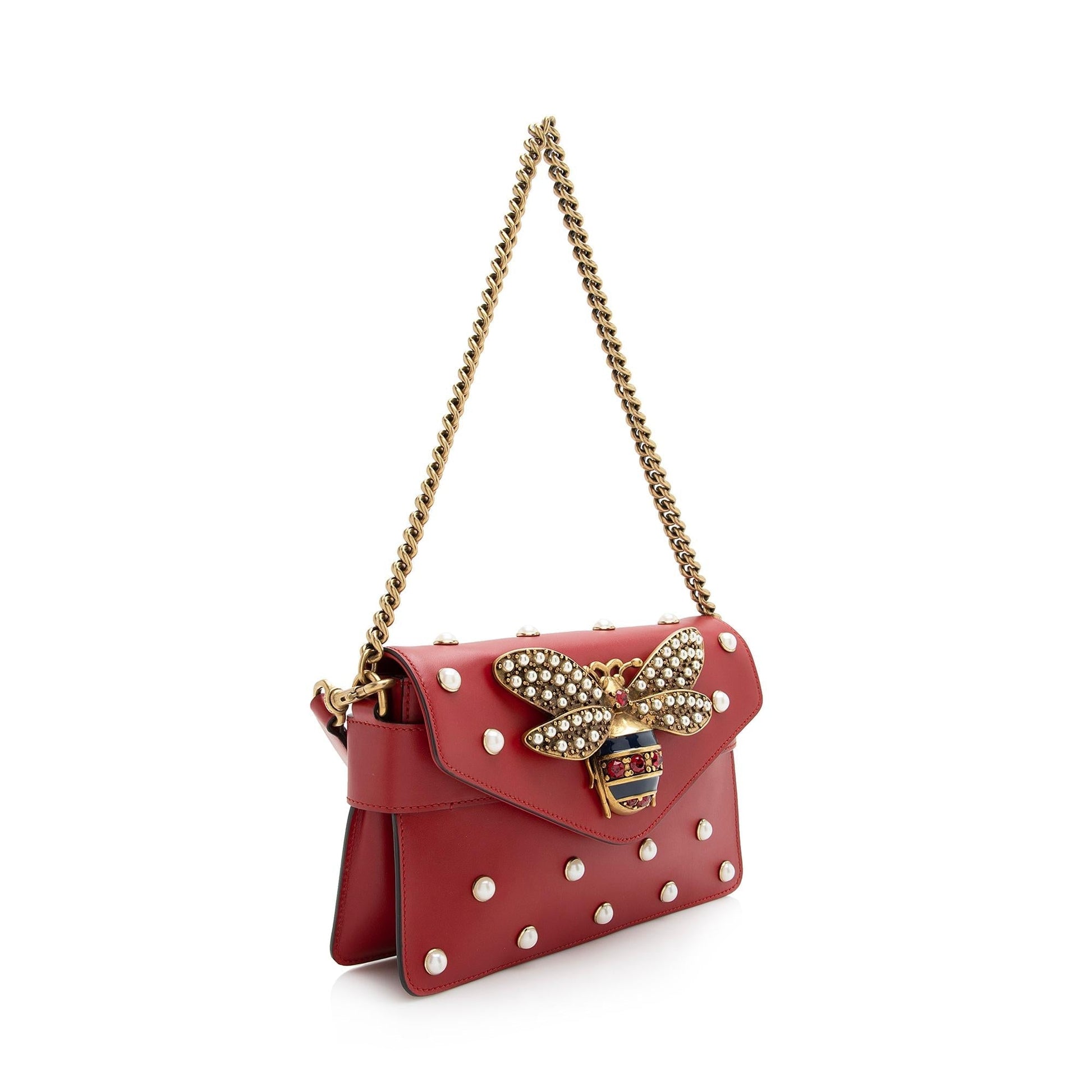 Gucci Pearl Bee Broadway SHF Nylon Calfskin Red Mini Crossbody Bag