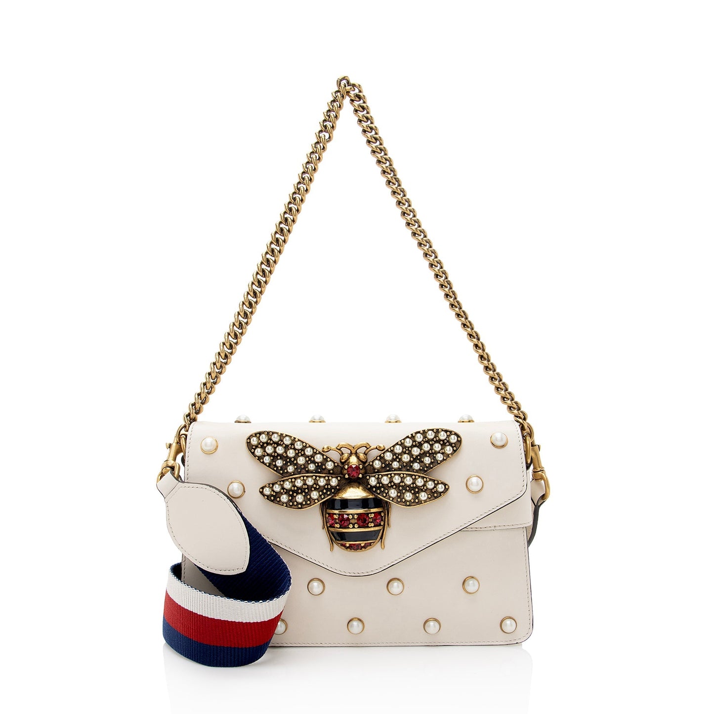 Gucci Pearl Bee Broadway SHF Nylon Calfskin White Mini Crossbody Bag