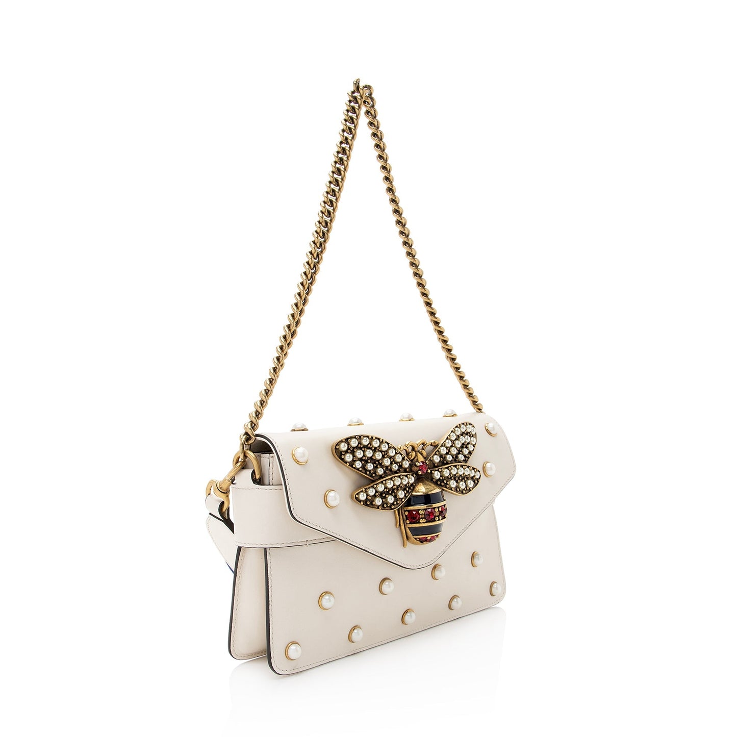 Gucci Pearl Bee Broadway SHF Nylon Calfskin White Mini Crossbody Bag
