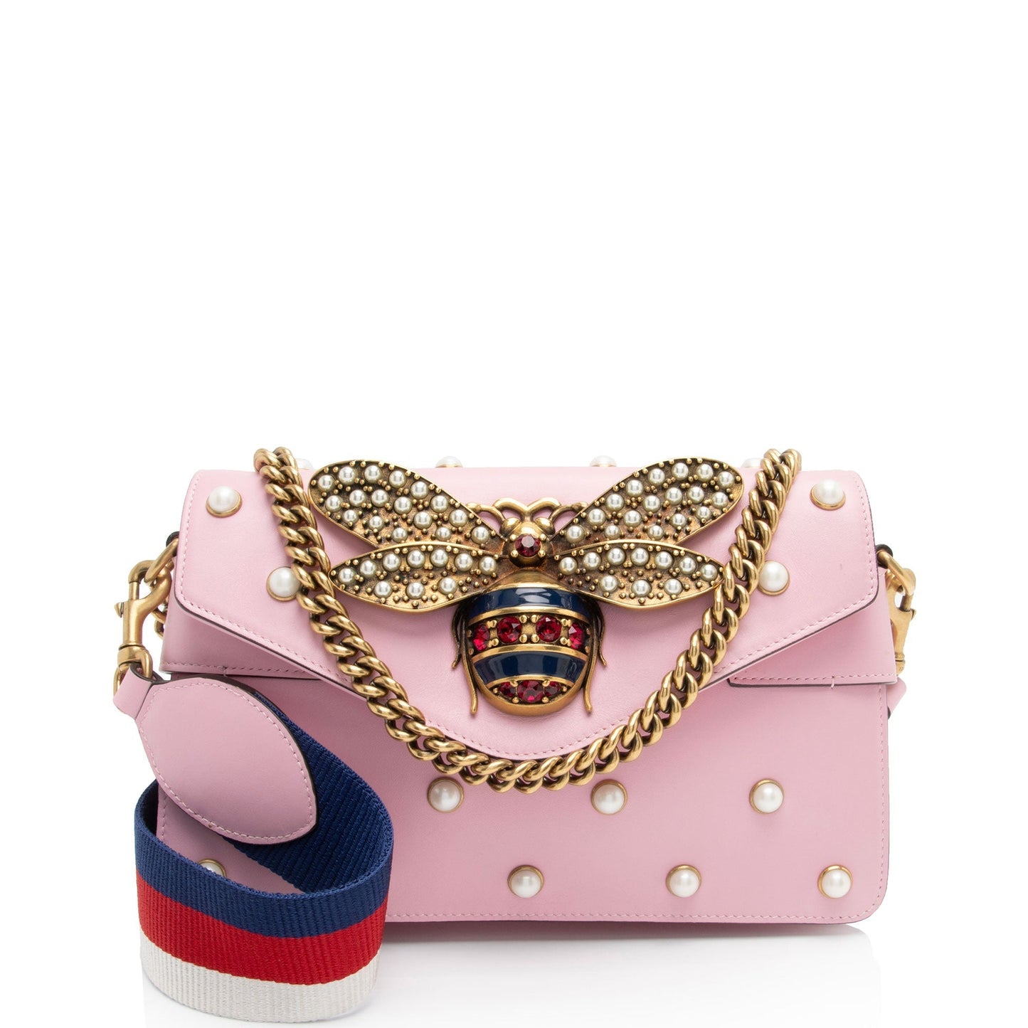 Gucci Pearl Bee Broadway Nylon Calfskin White Pink Crossbody Bag