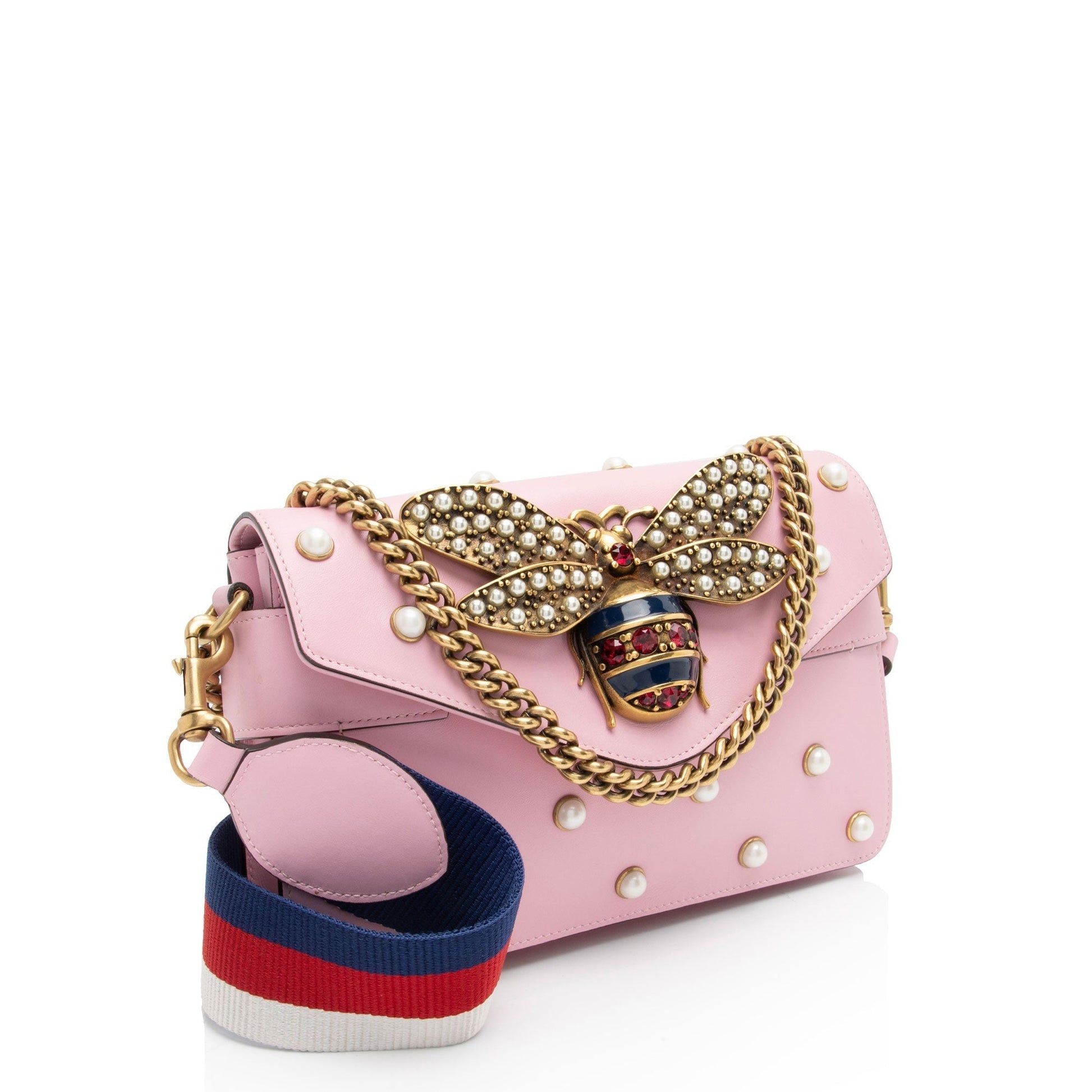 Gucci Pearl Bee Broadway Nylon Calfskin White Pink Crossbody Bag