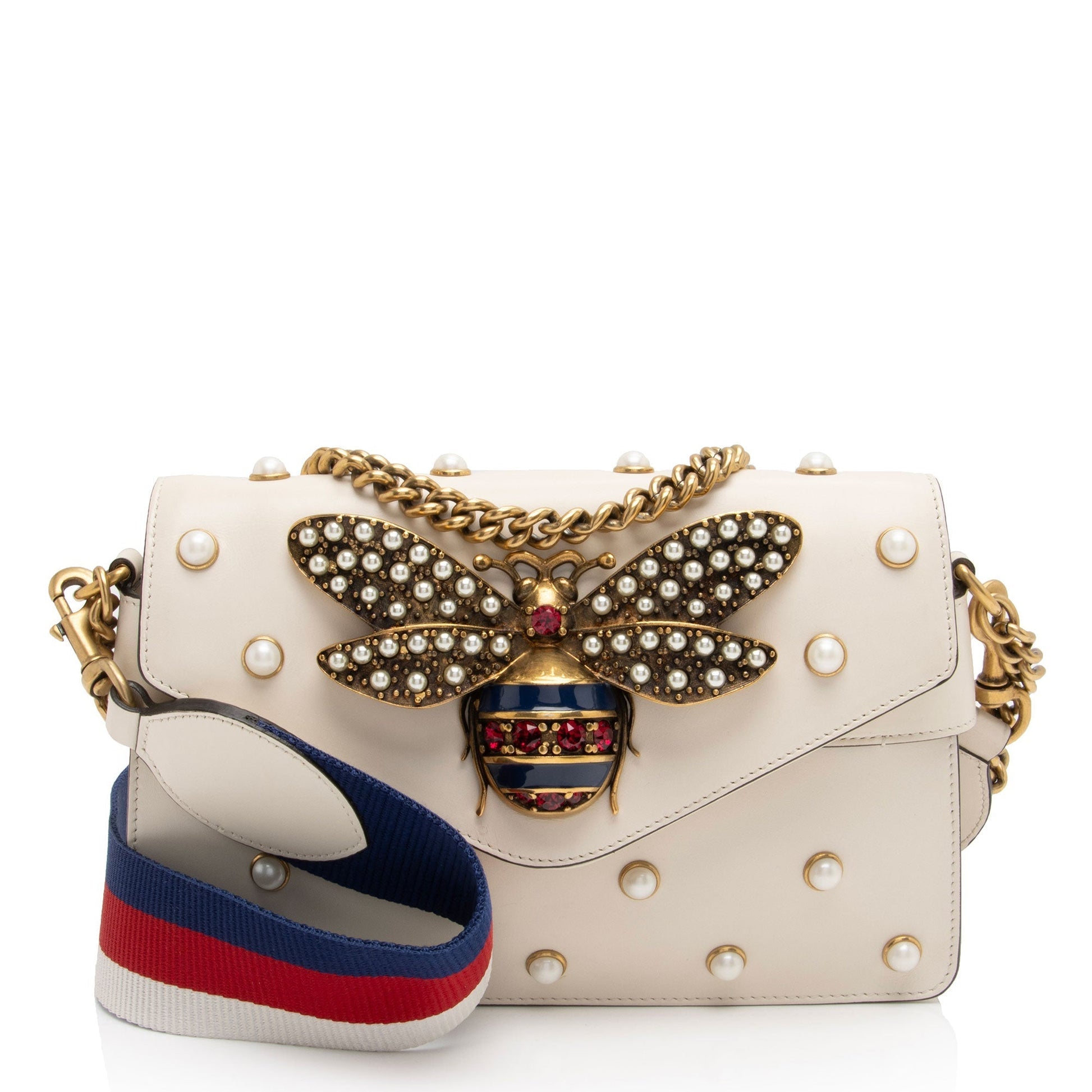Gucci Pearl Bee Broadway SHF-vh1WnC Nylon Calfskin White Mini Crossbody Bag
