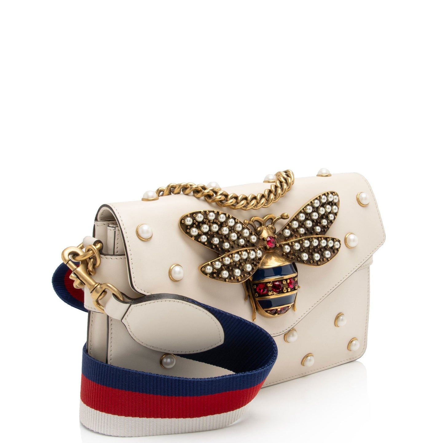Gucci Pearl Bee Broadway SHF-vh1WnC Nylon Calfskin White Mini Crossbody Bag