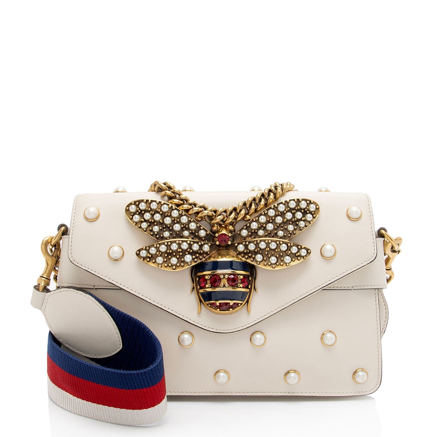 Gucci Pearl Bee Broadway SHF-tRht4u Nylon Calfskin White Mini Crossbody Bag
