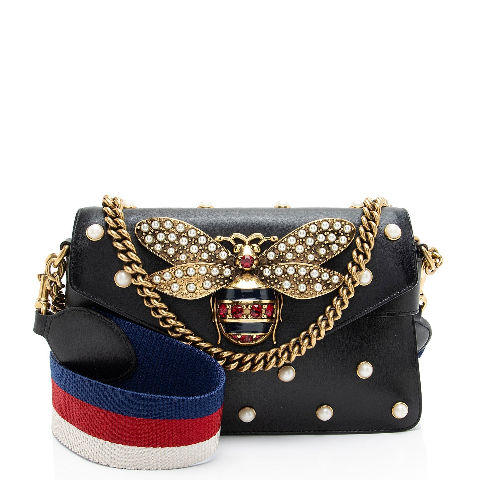 Gucci Pearl Bee Broadway Nylon Calfskin Black Mini Crossbody Bag